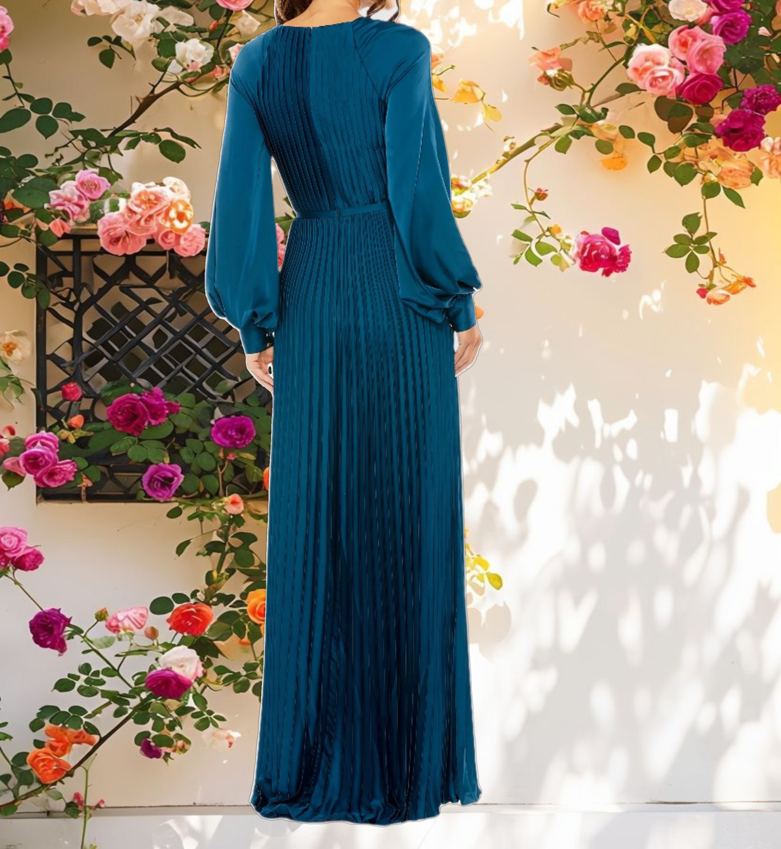 Blue Pleated High Neck Raglan Long Sleeve Side Slit Gown