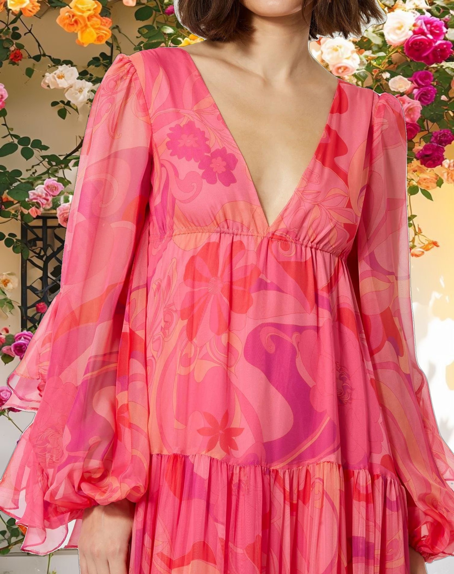 Hibiscus Printed Chiffon Ruffle Long Sleeve V Neck Maxi Dress