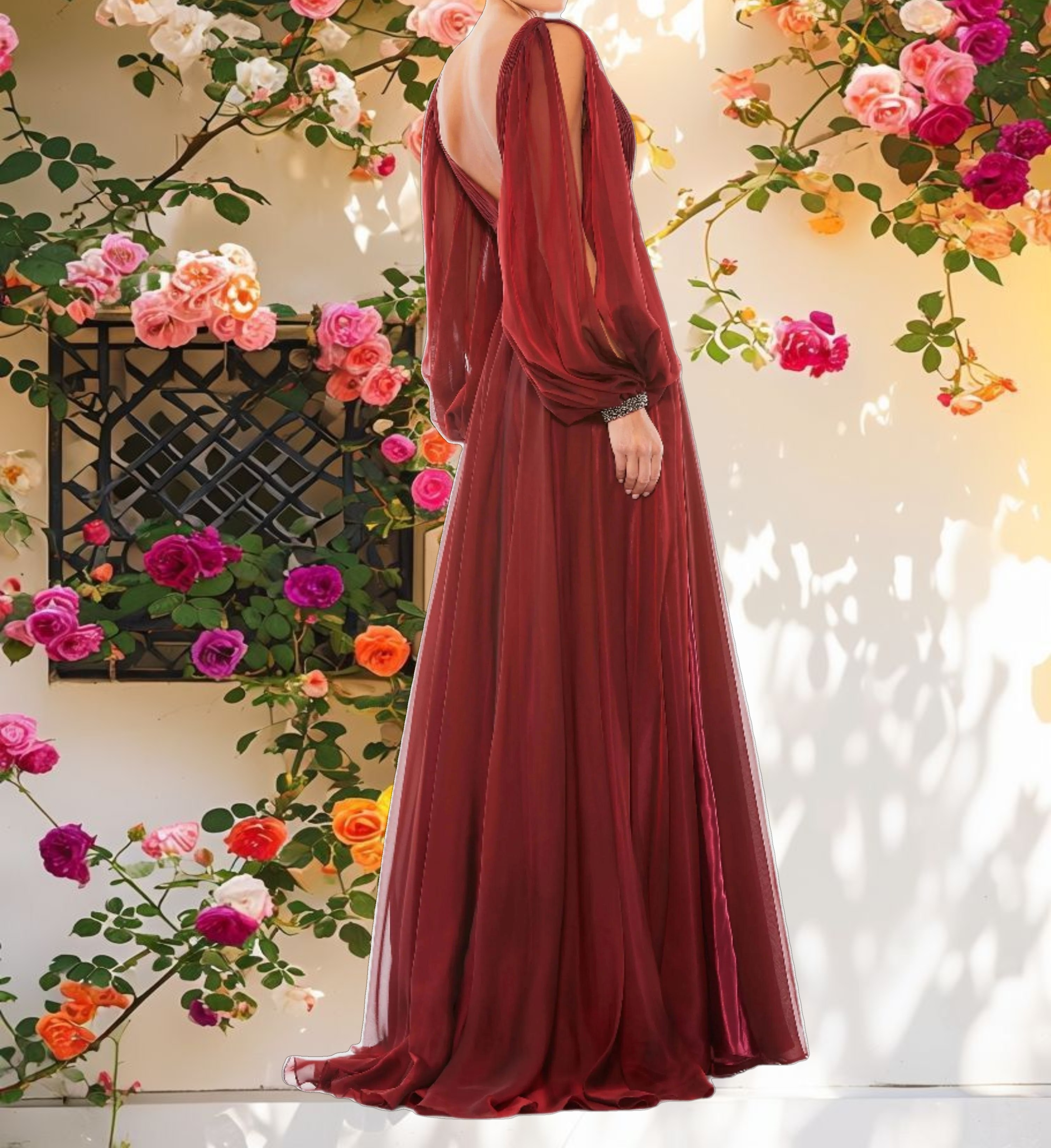 Chiffon Open Sleeve A Line Gown