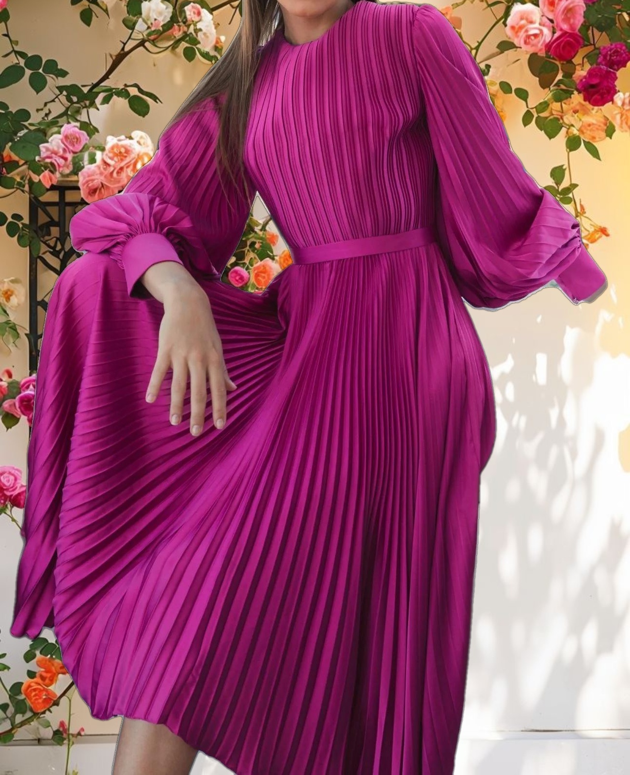 Purple Long Sleeve Pleated Handkerchief Dress