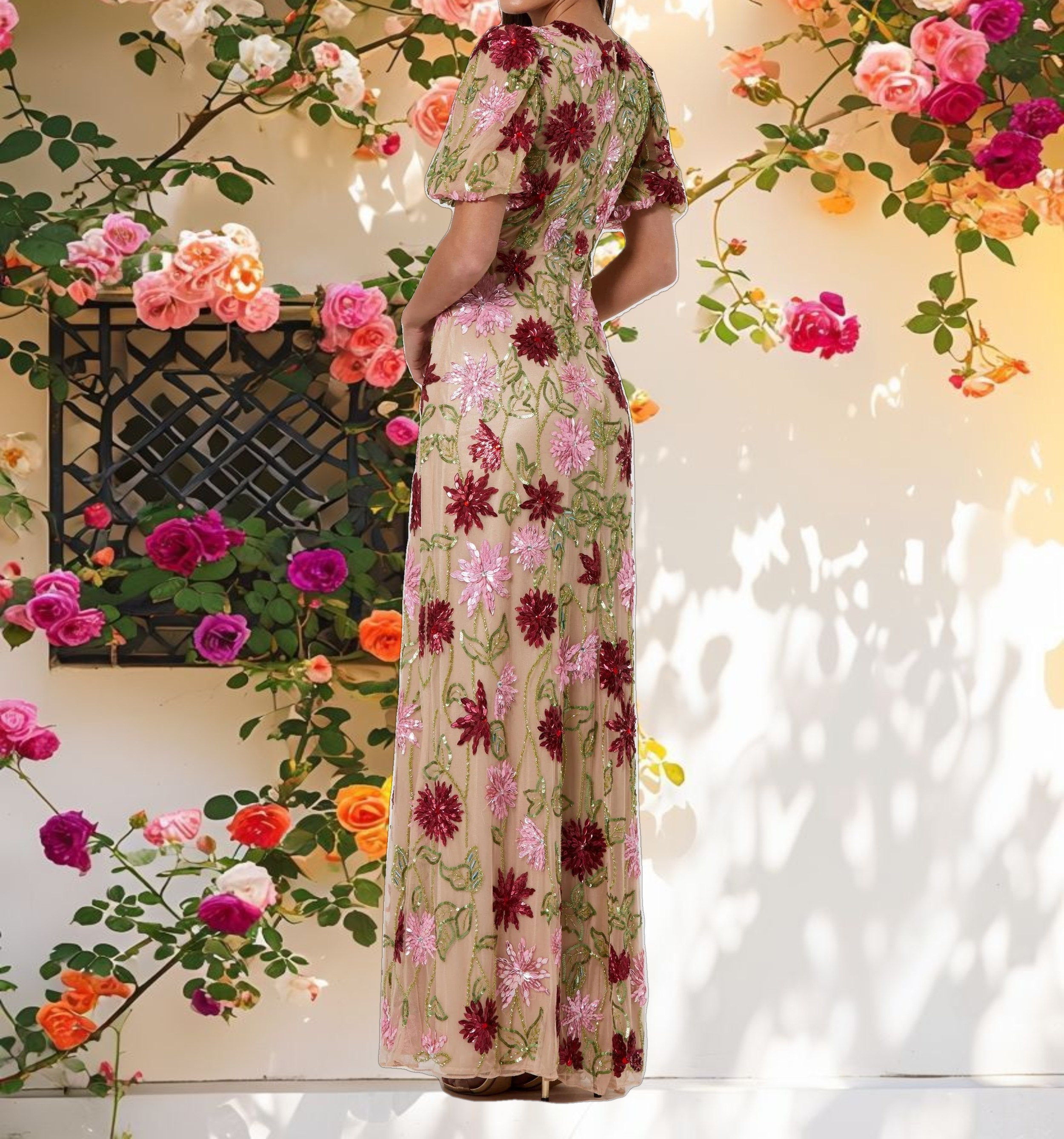 Beige Floral Beaded Mesh Puff Sleeve Gown