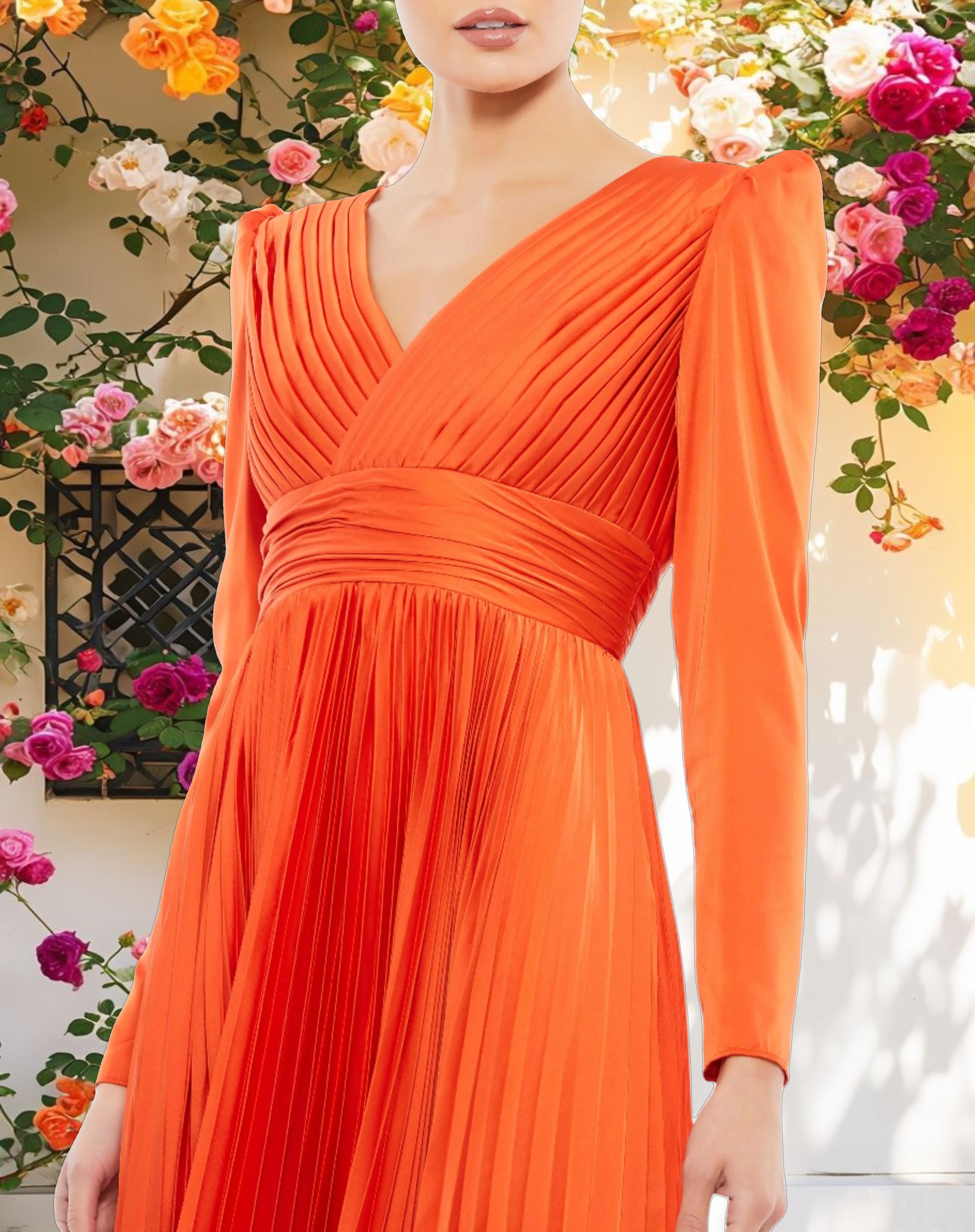 Pink Pleated Long Sleeve V Neck Gown