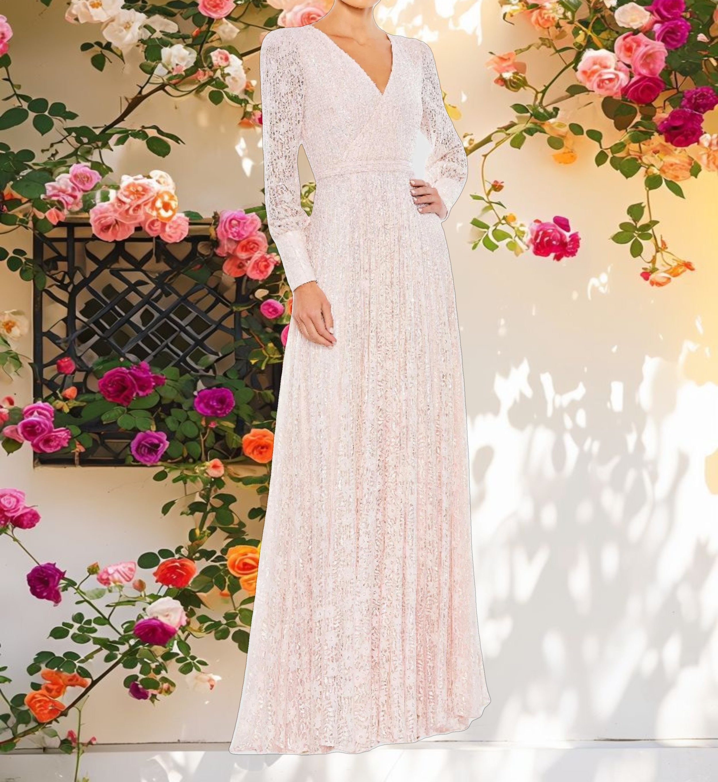 Pink Beaded Lace Long Sleeve Wrap Over Gown