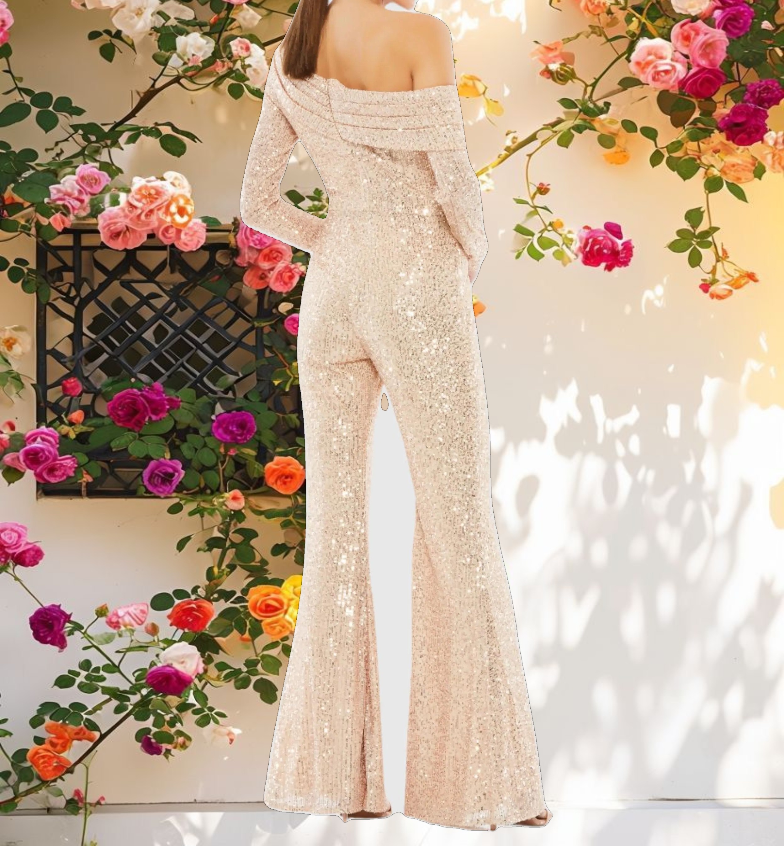 Gold Sequined Drop Shoulder Long Sleeve Jumpsuit