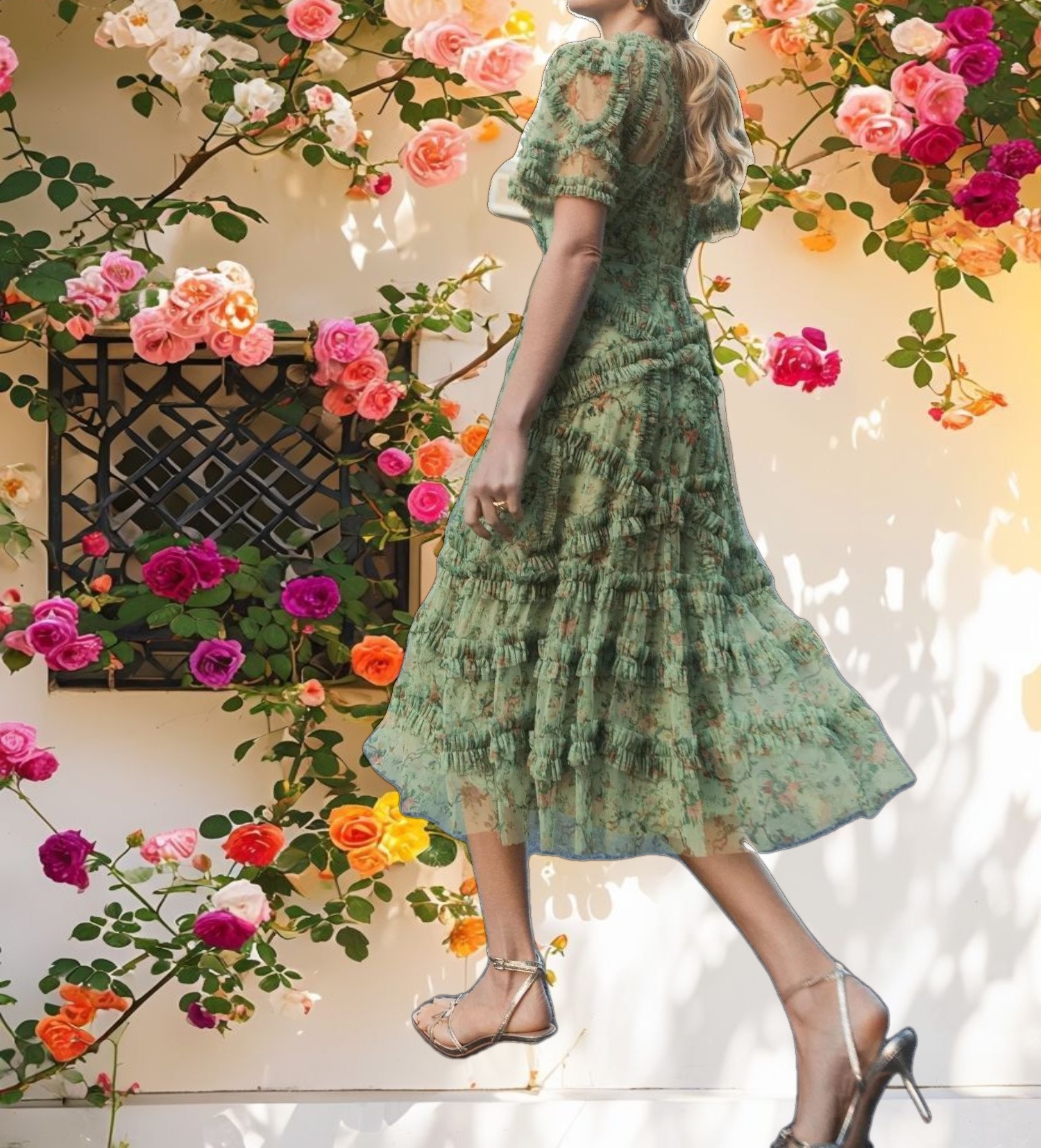 Floral Flutter Sleeve Mesh Print Dress