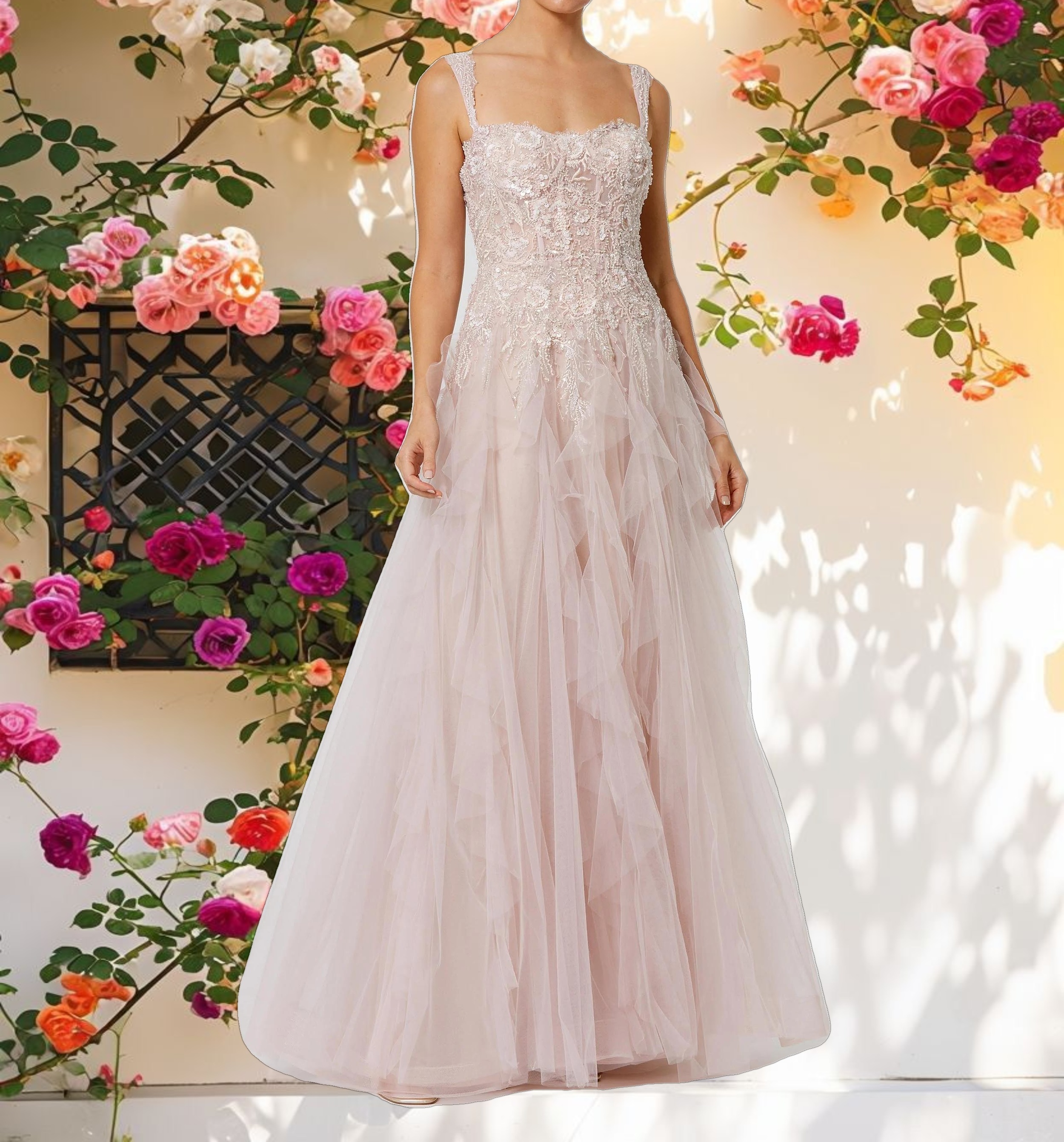 Pink Bustier Tulle Evening Dress With Ruffle Skirt