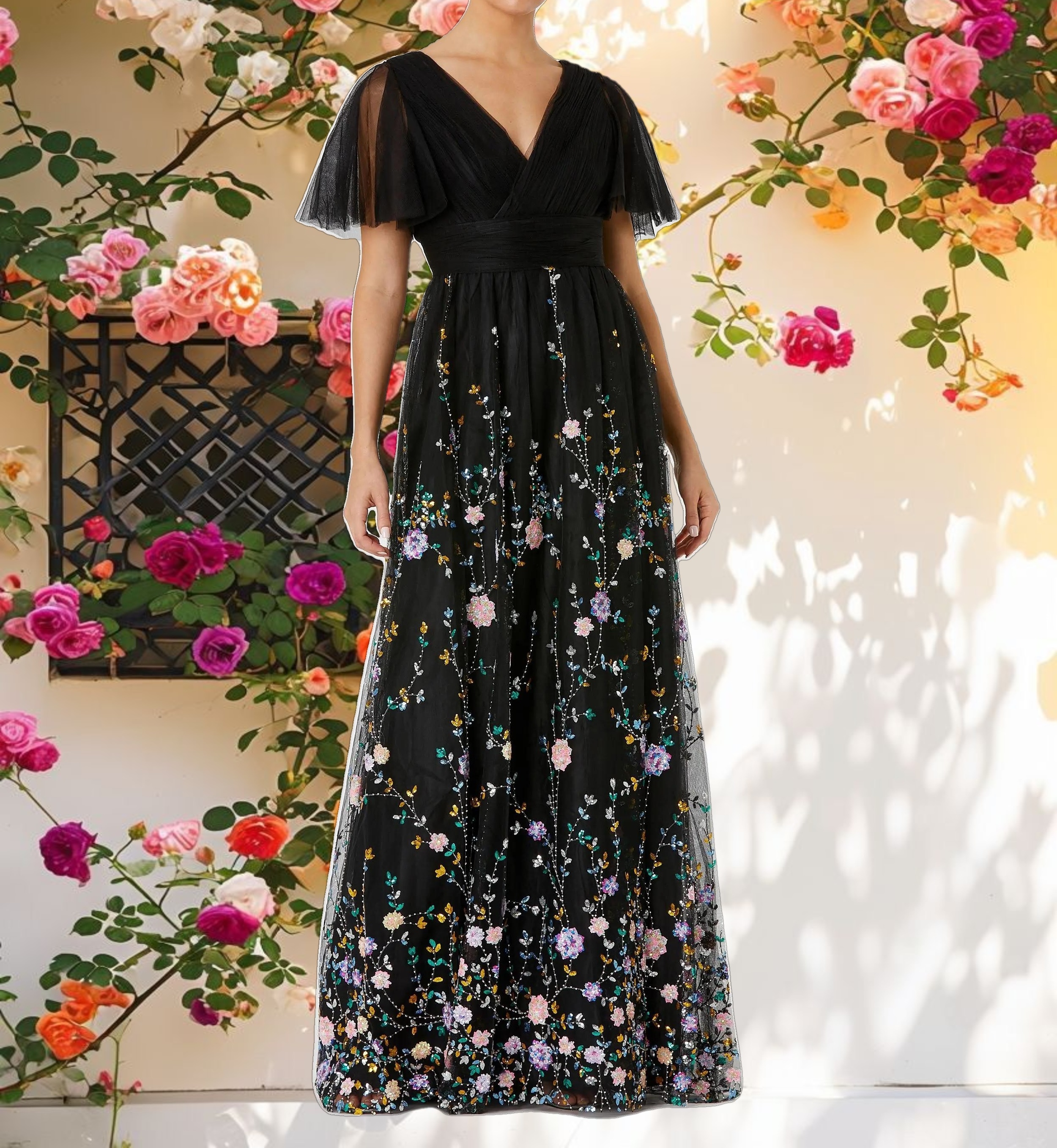 Black Embroidered Butterfly Sleeve Empire Waist Dress