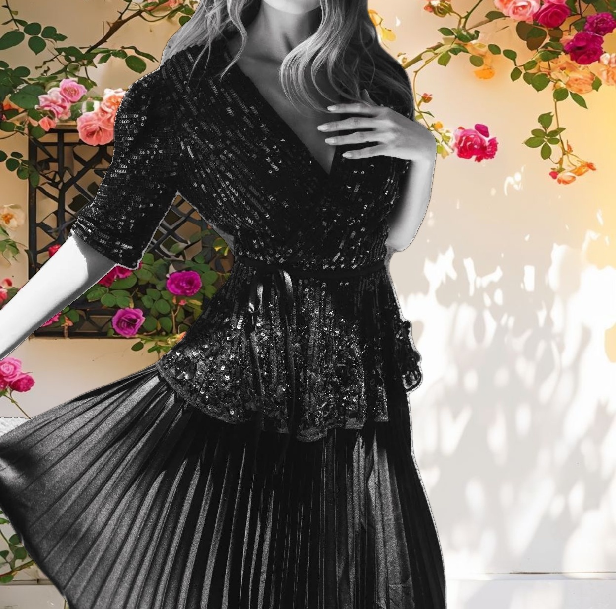 Black Sequined Puff Sleeve Faux Wrap Top