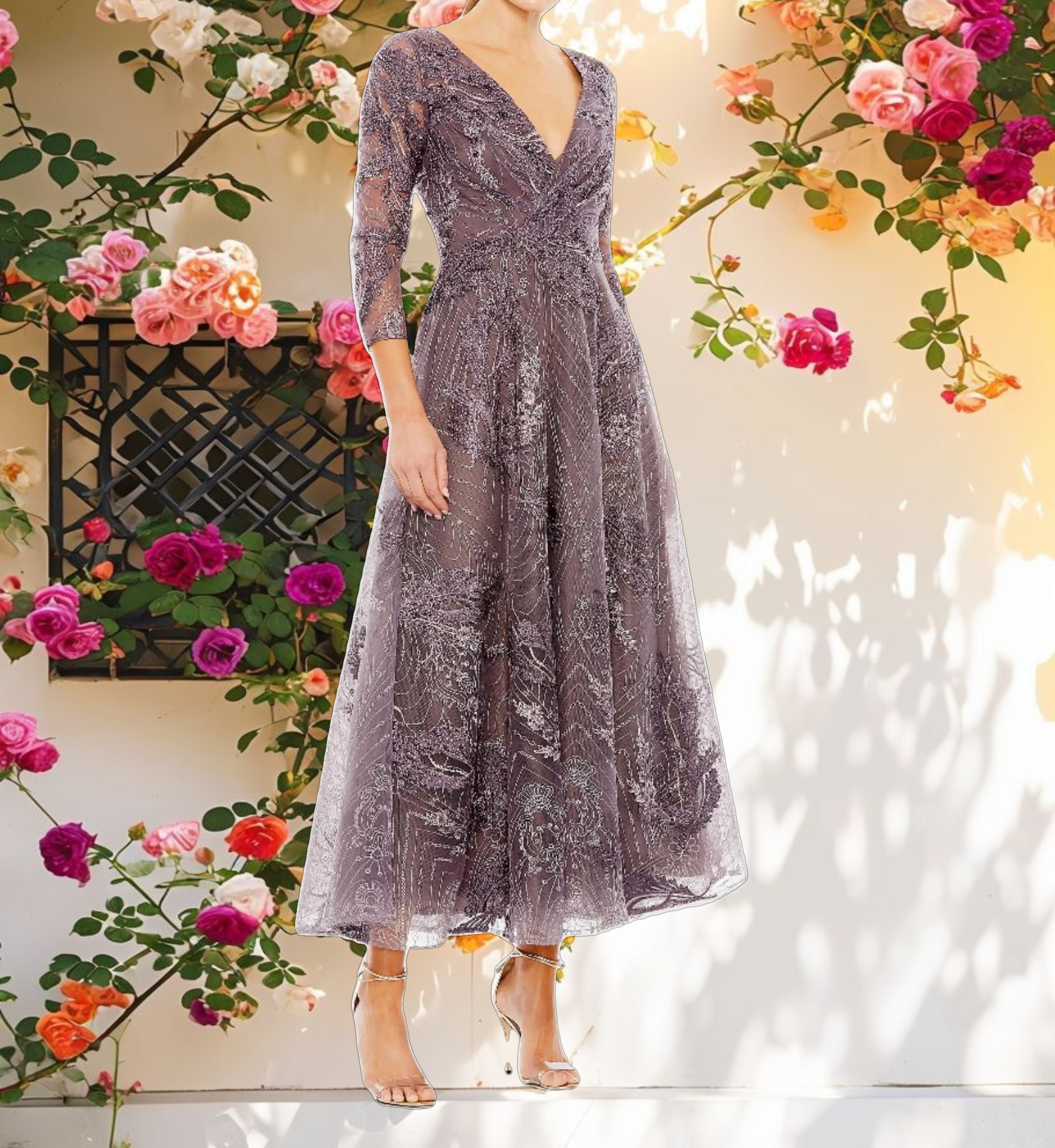 Purple Decorated Wrap Over 3/4 Sleeve Dress