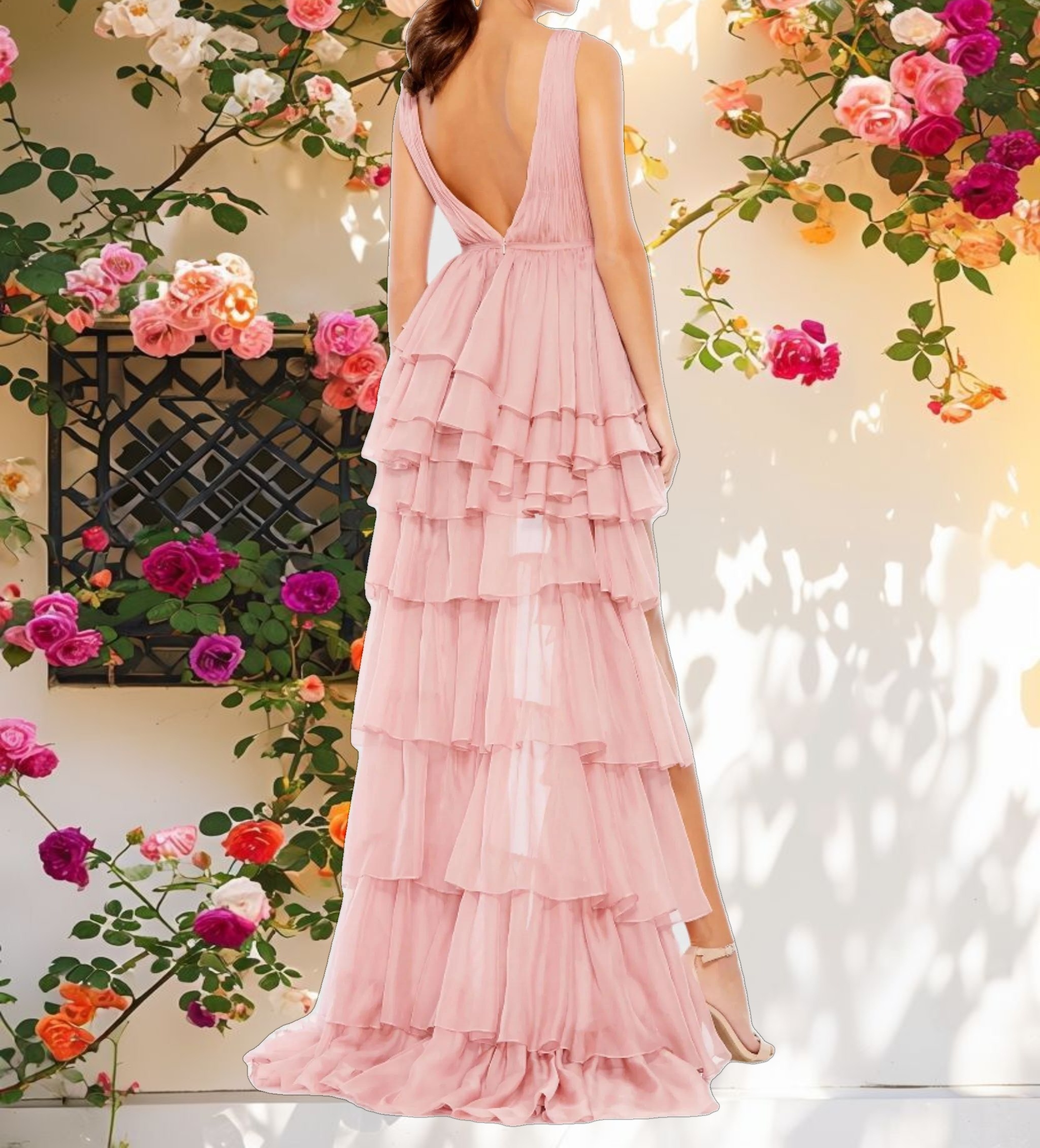 Pink High Low Gown with Built In Bodysuit