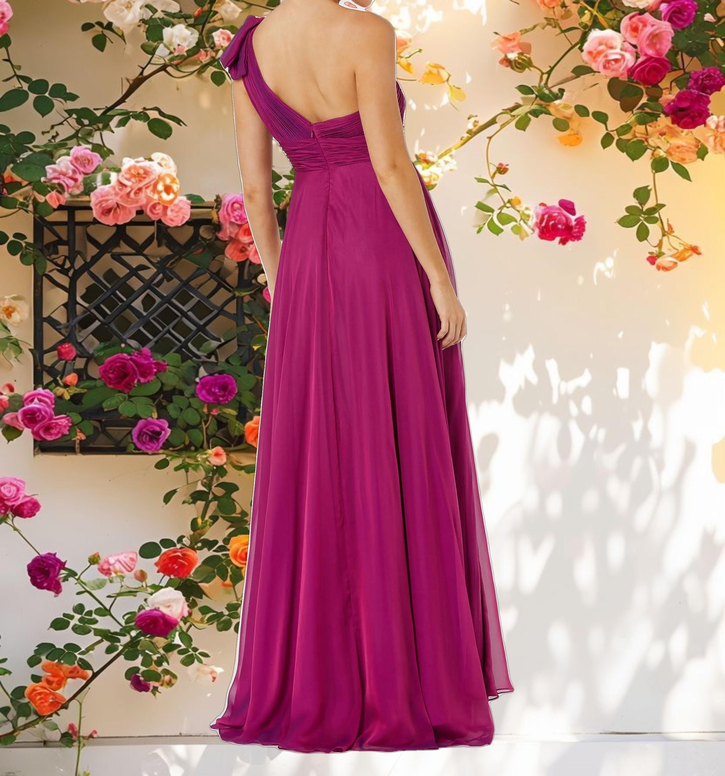 Blue Pleated One Shoulder Chiffon Gown