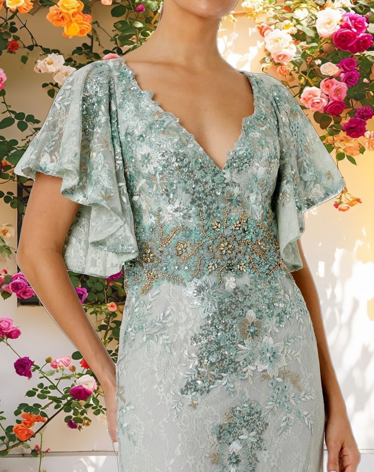 Green Bell Sleeve Floral Embellished Gown