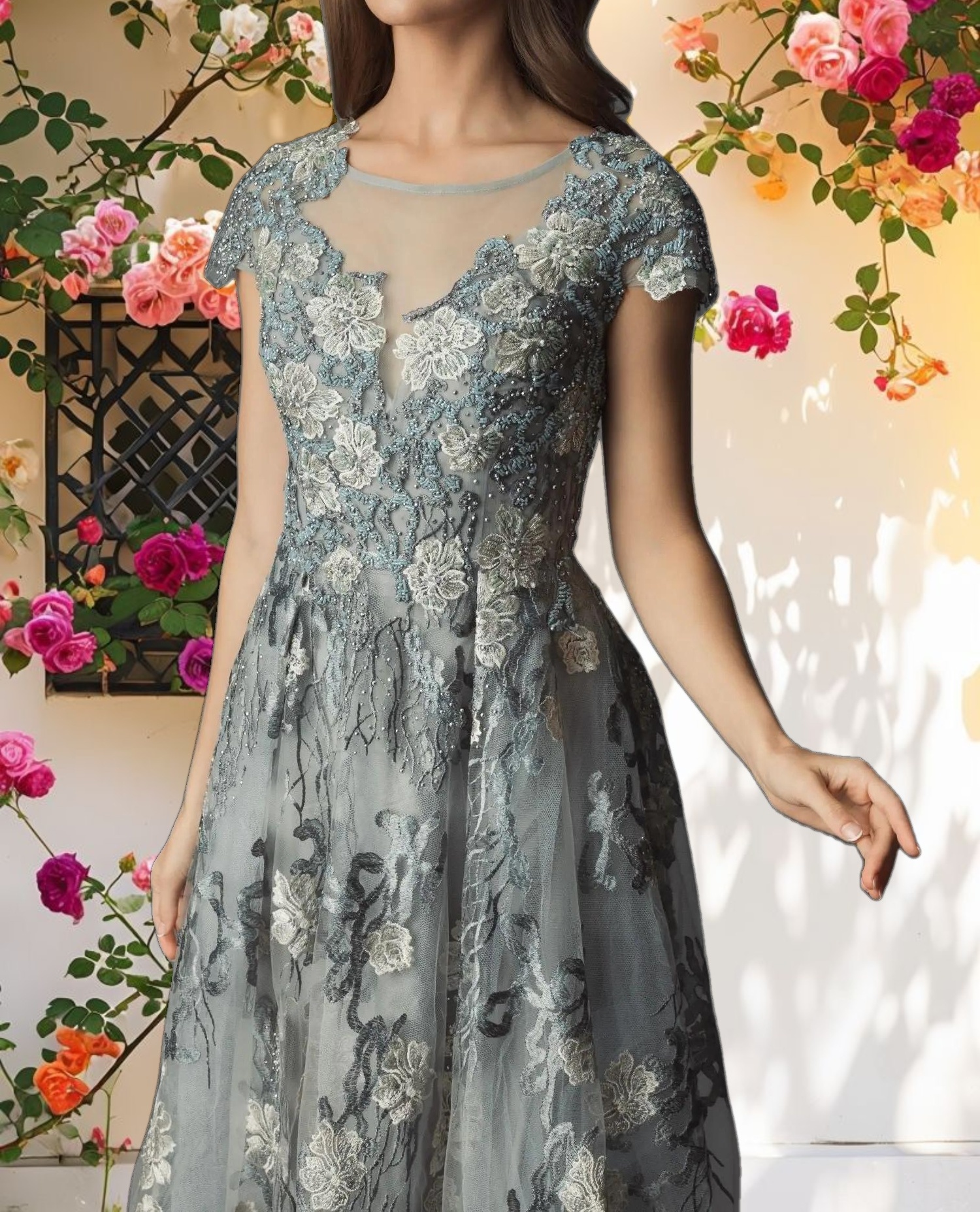 Floral Embroidered Evening Gown