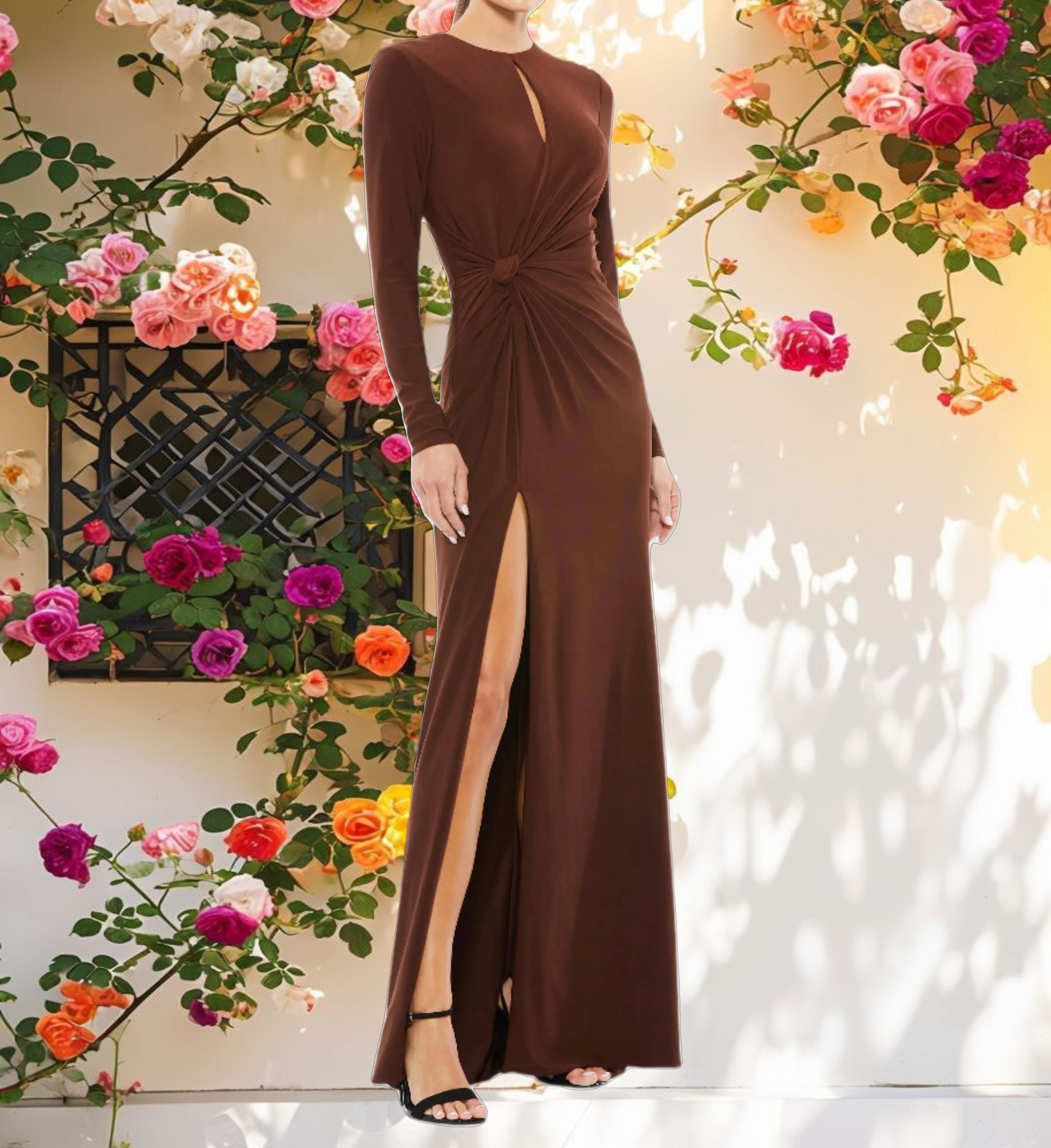 Brown Long Sleeve Keyhole Draped Gown