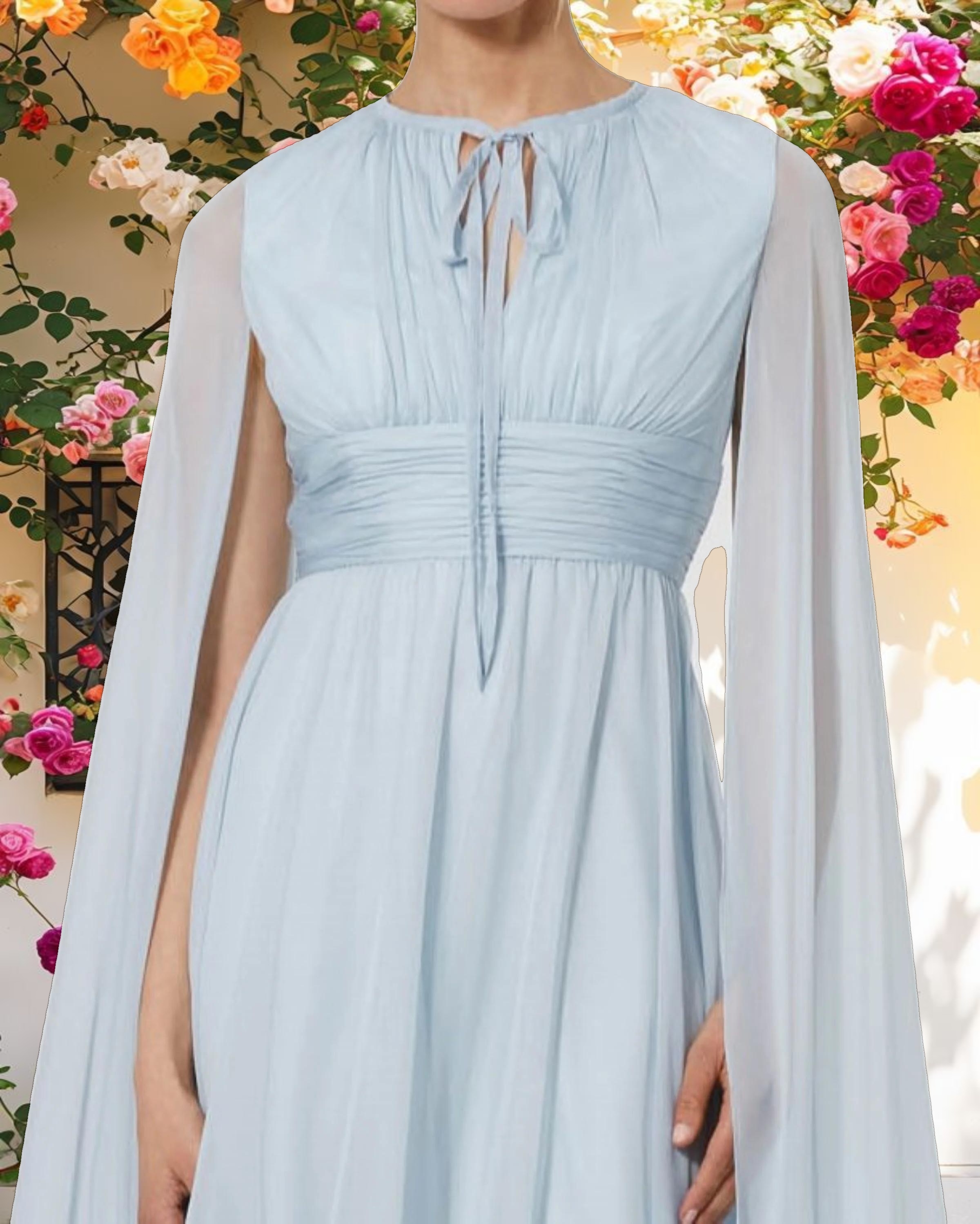 Blue Chiffon Cape Sleeve Dress With Keyhole