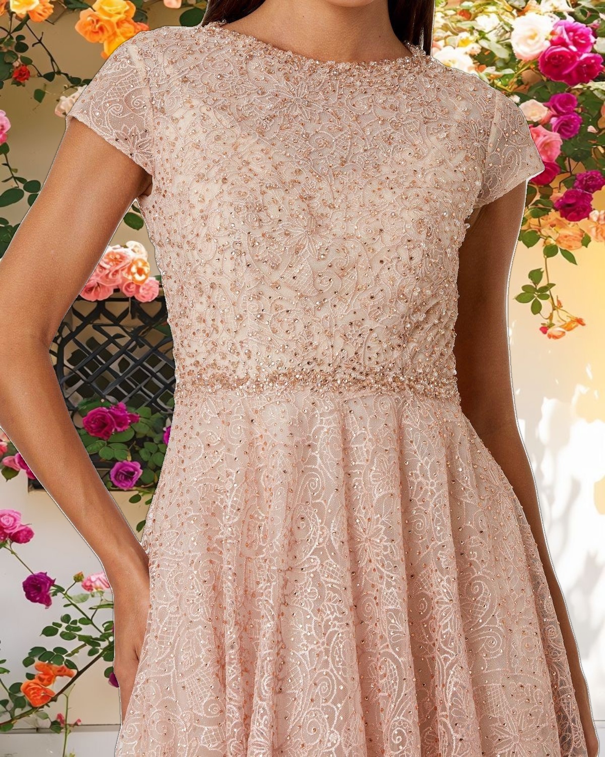 Pink Embellished Cap Sleeve A Line Dress