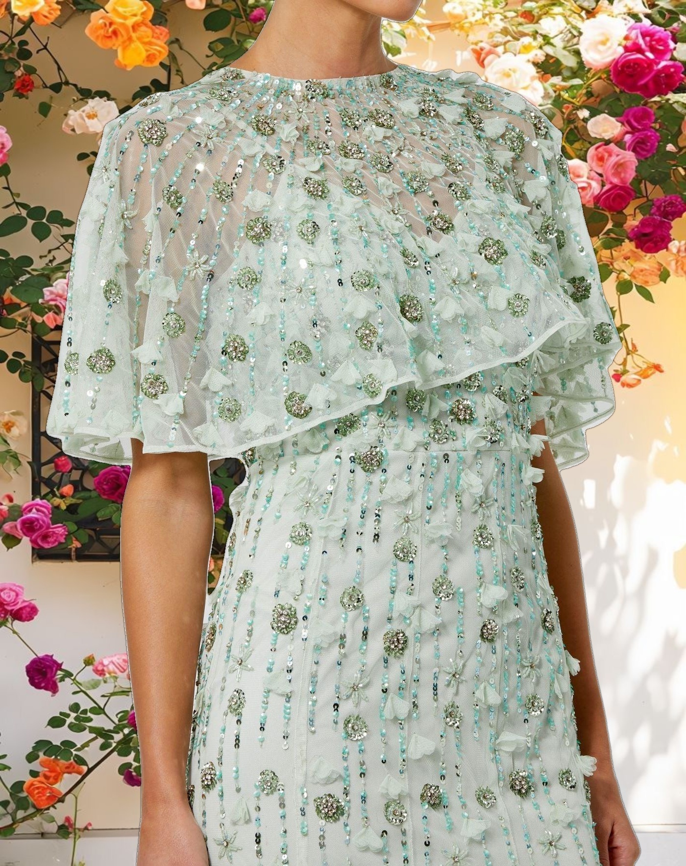 Studded Fabric Gown with Cape Sleeves