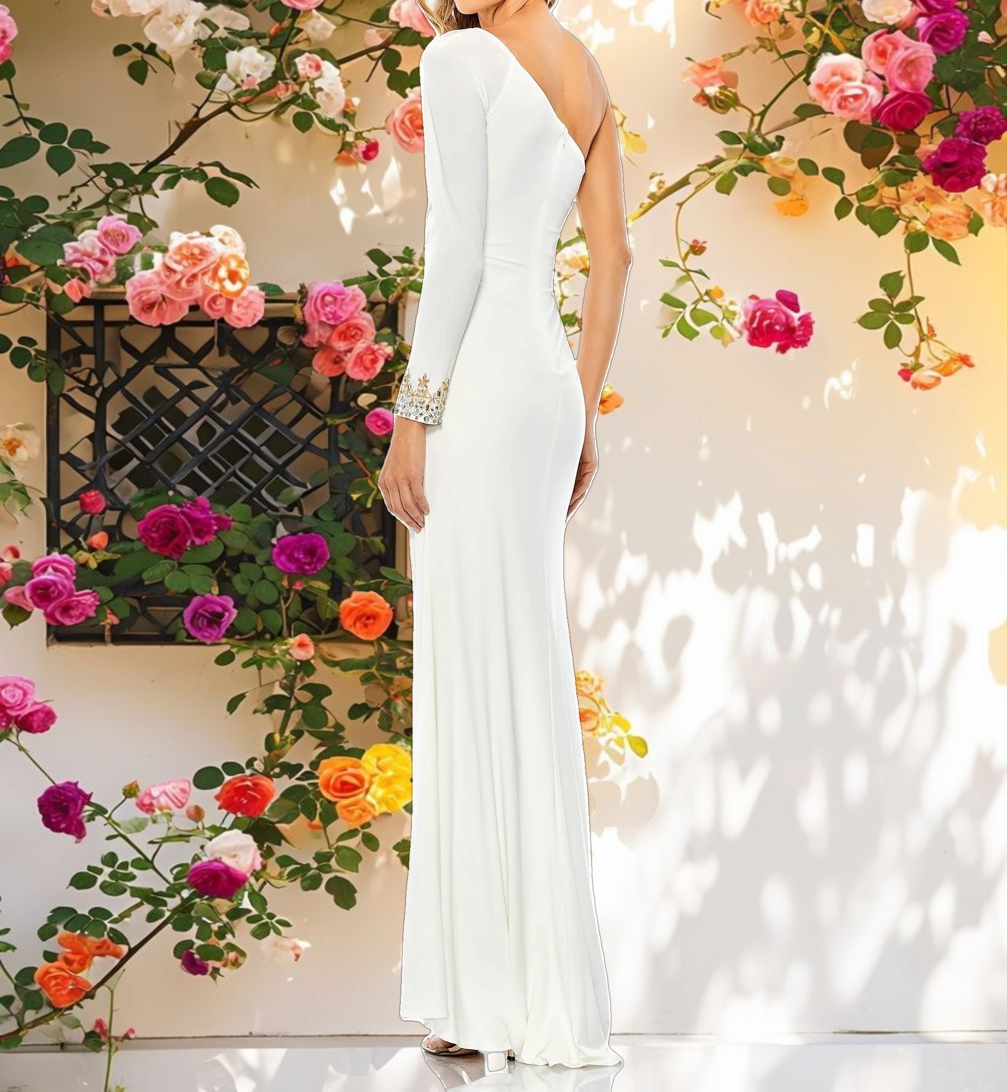 White One Sleeve Beaded Cuff Side Twist Gown