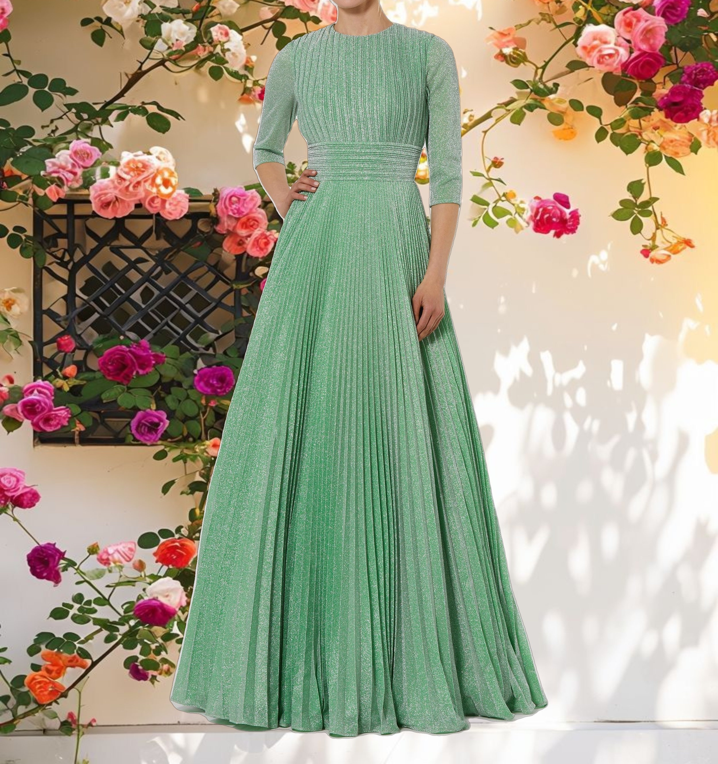 Green Pleated Shimmering 3/4 Sleeve Gown
