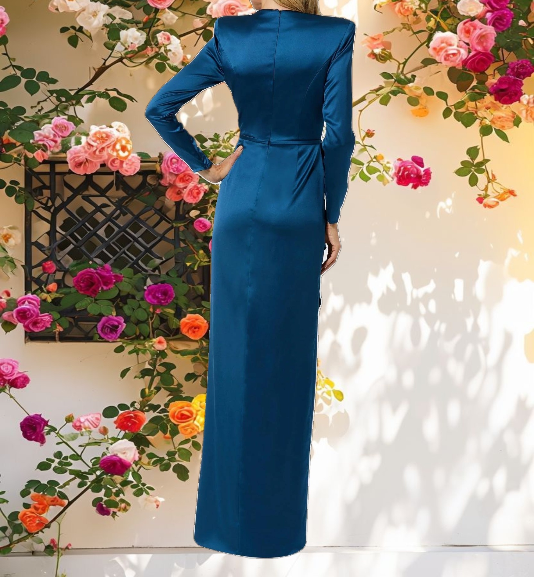 Blue Long Sleeve Satin Structured Bow Draped Column Gown