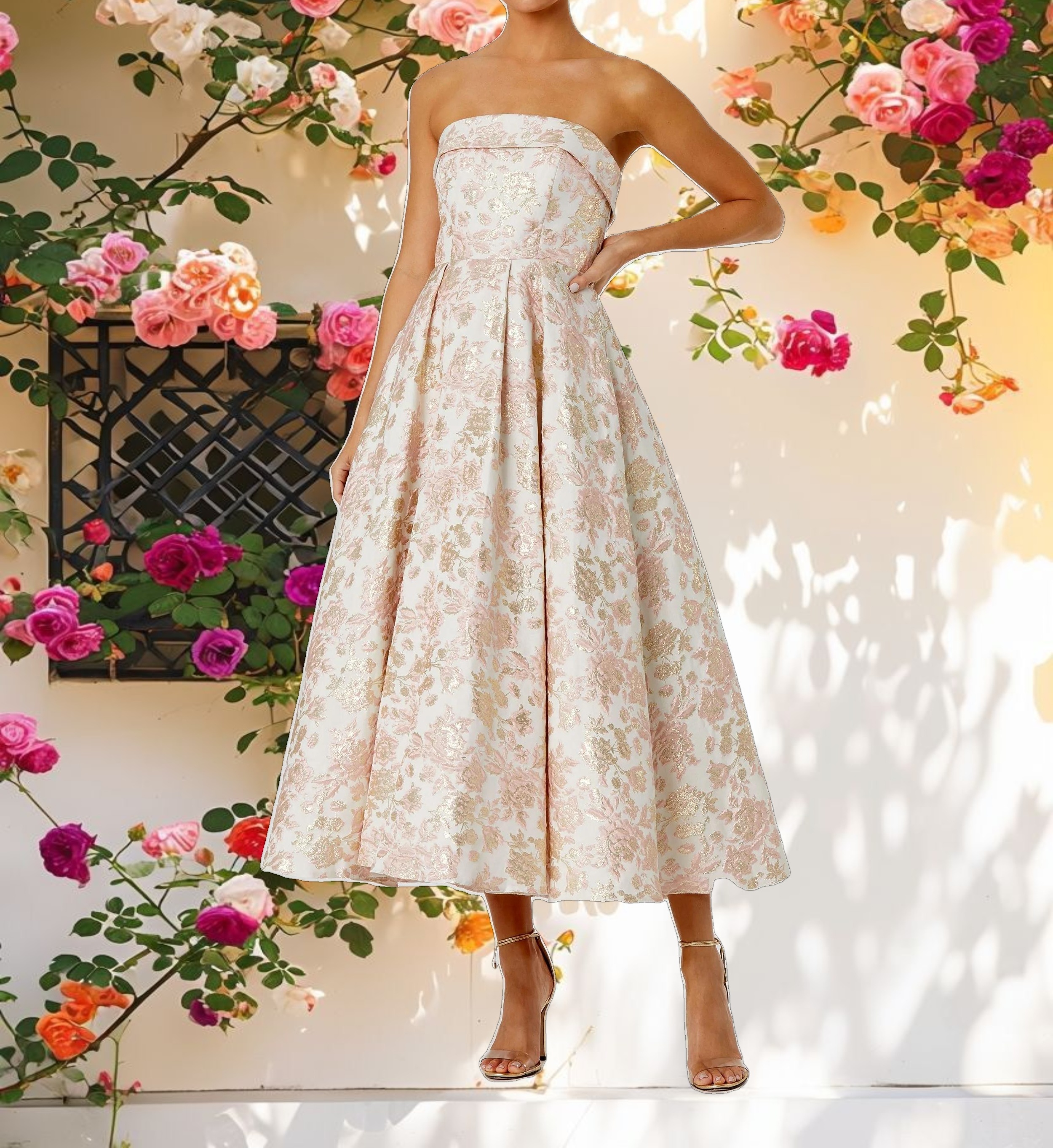 Pink and White Strapless Floral Brocade A Line Midi Dress