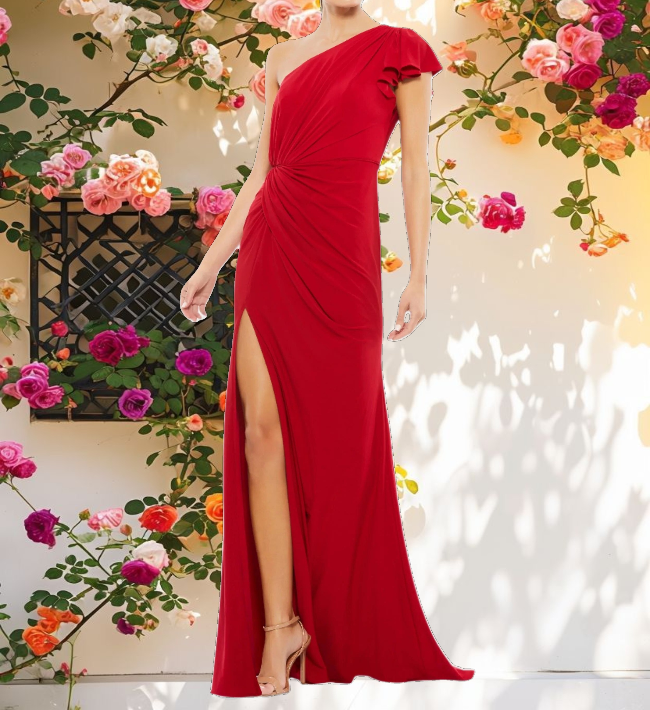 Red Ruffled One Shoulder Draped Gown