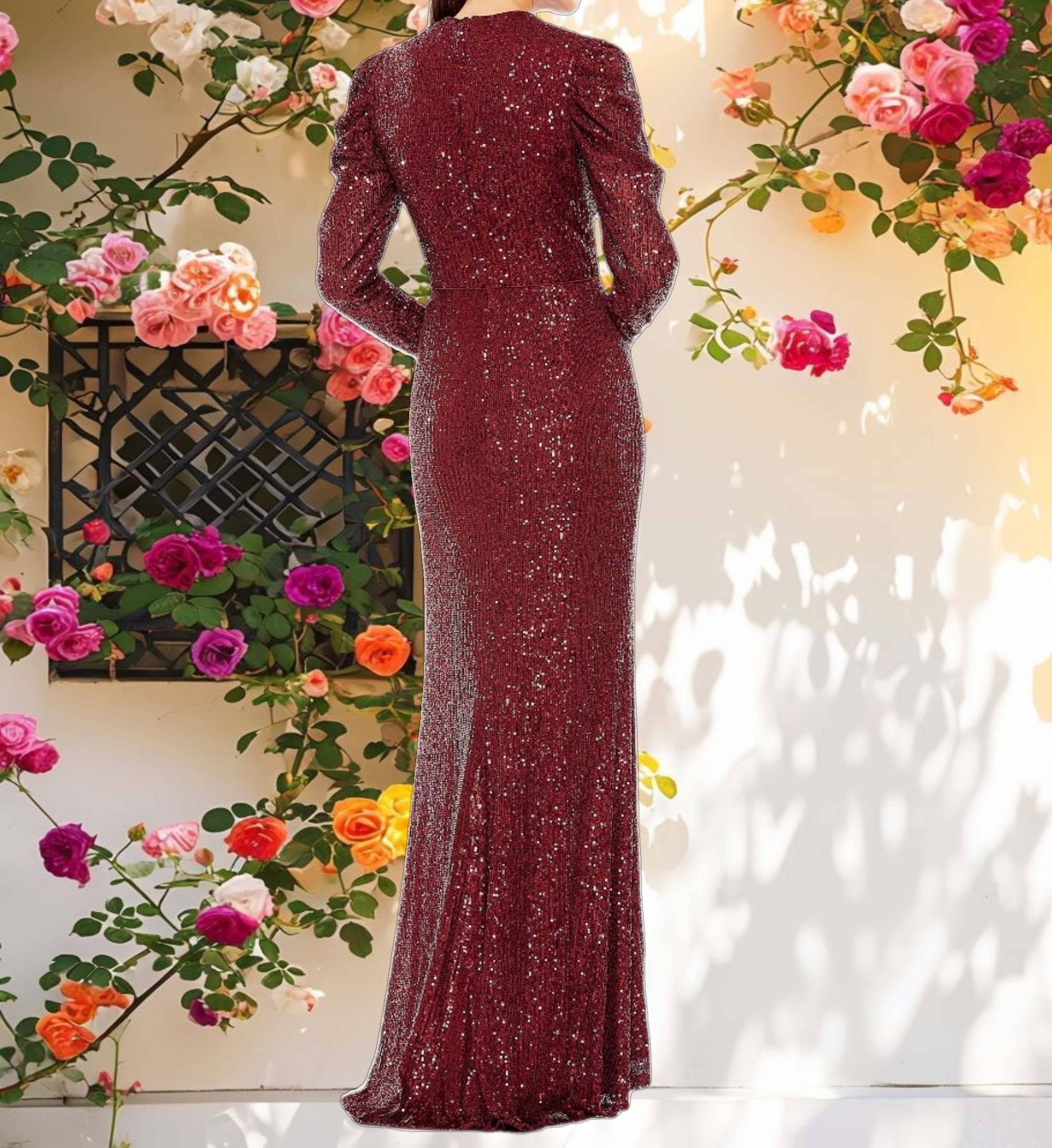Red Sequined High Neck Puff Long Sleeve Column Gown