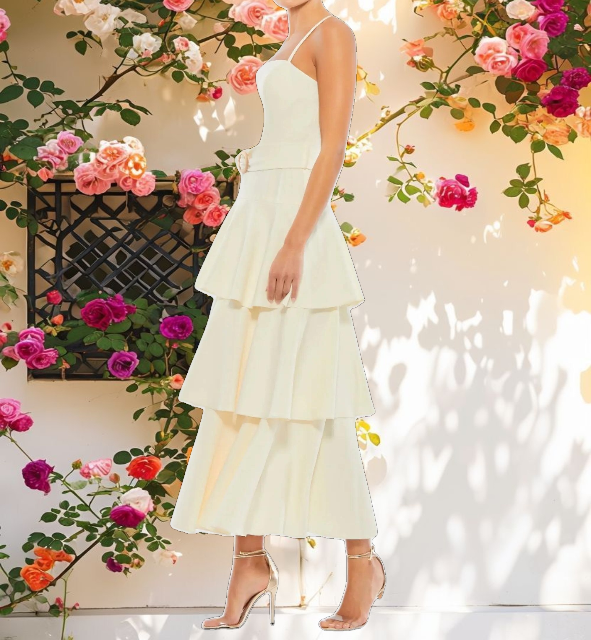 White Belted Tiered Ruffle Sleeveless Midi Dress