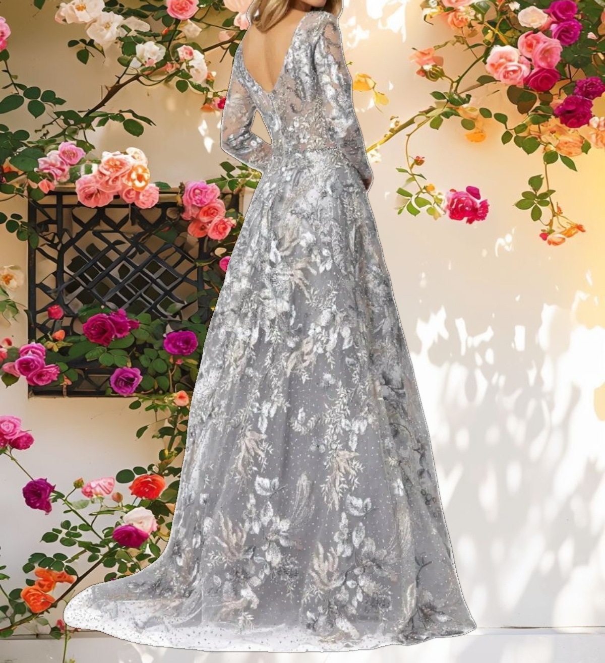 Gray Long Sleeve Beaded Applique Gown