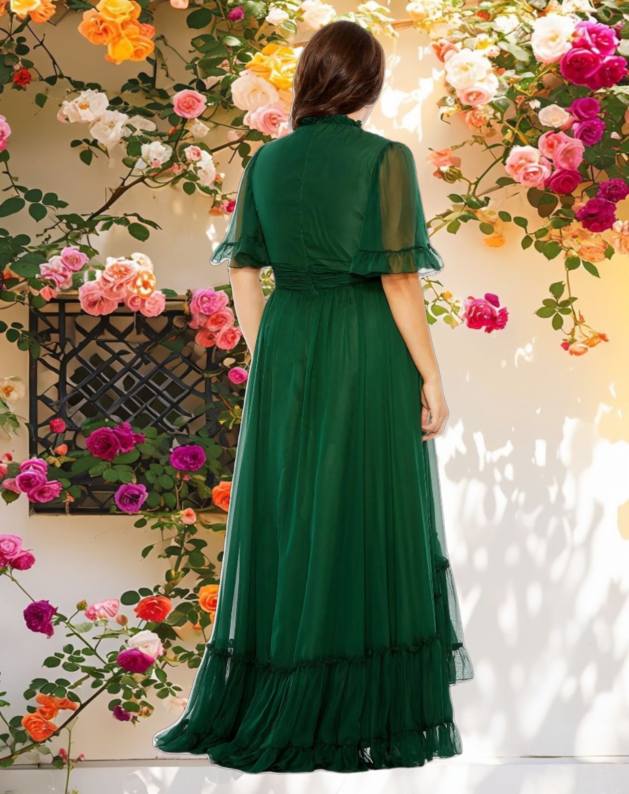 Green Ruffle Tiered High Low Flutter Sleeve Gown