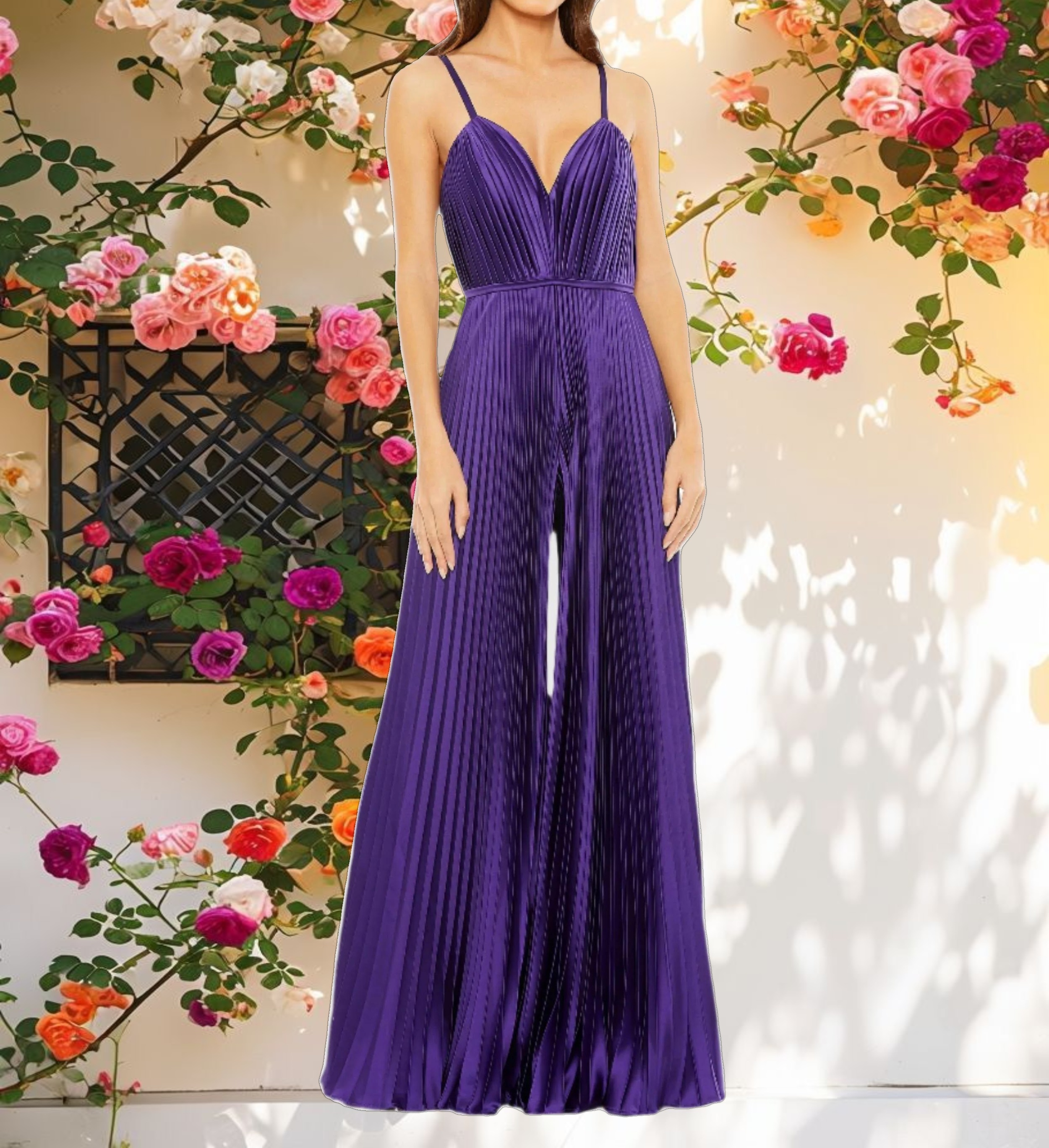 Purple Pleated Plunge Neck Wide Leg Jumpsuit