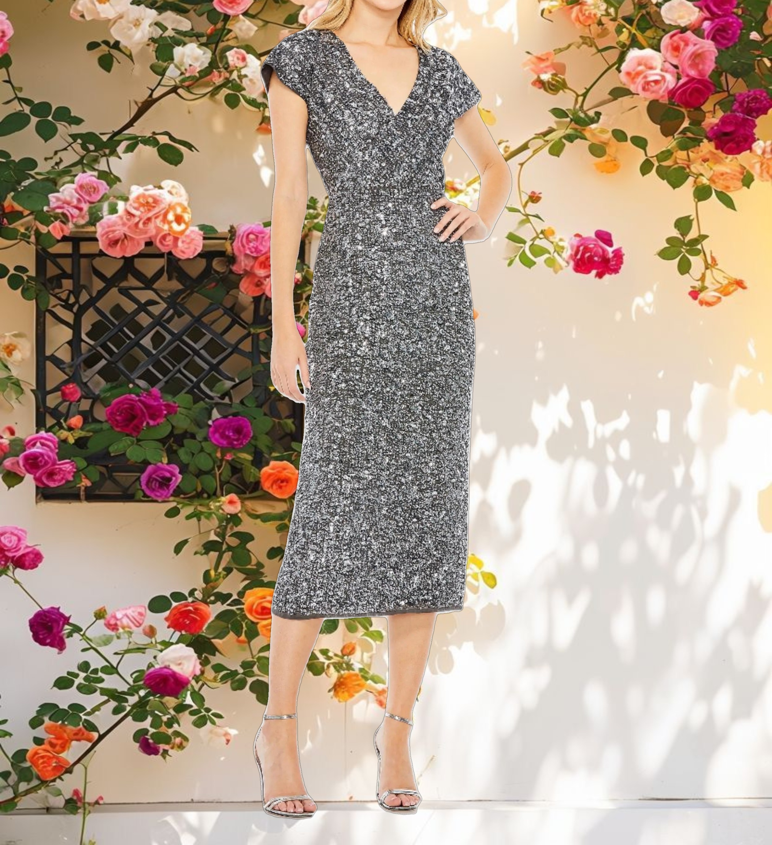 Gray Sequined Short Sleeve Wrap Over Cocktail Dress