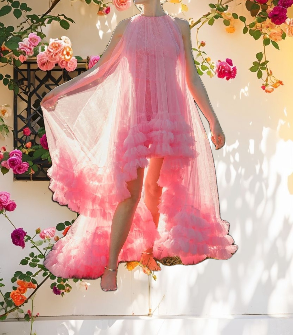 Pink Tulle High Neck Sleeveless Ruffled Hem Hi Low Gown