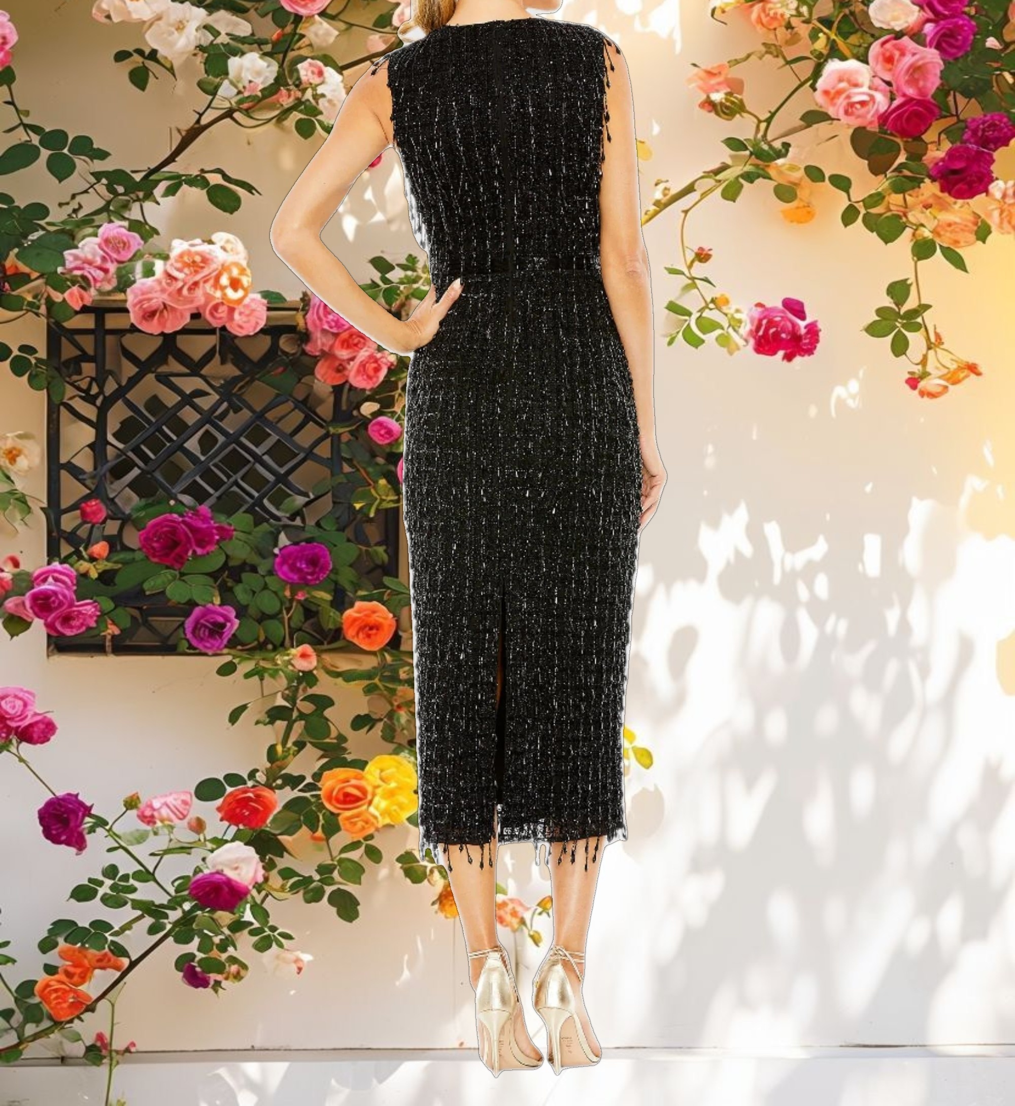 Black Sleeveless High Neck Beaded Midi Sheath Dress