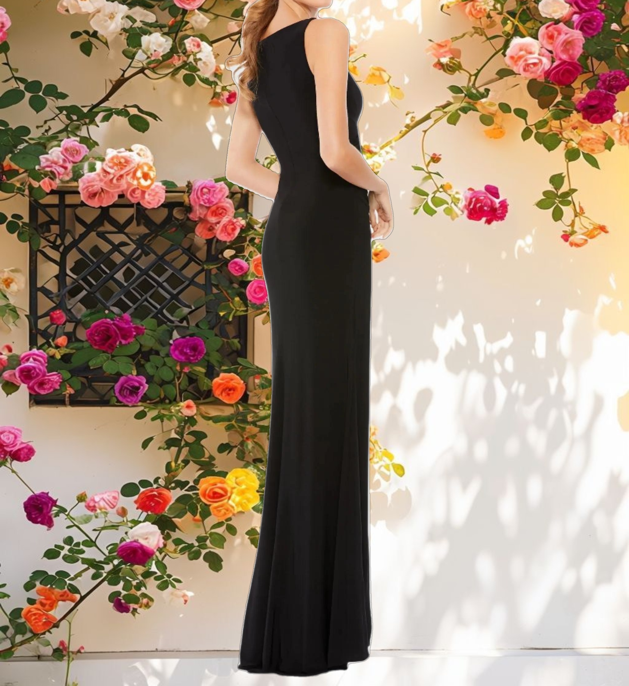 Black Faux Wrap Sleeveless V Neck Gown
