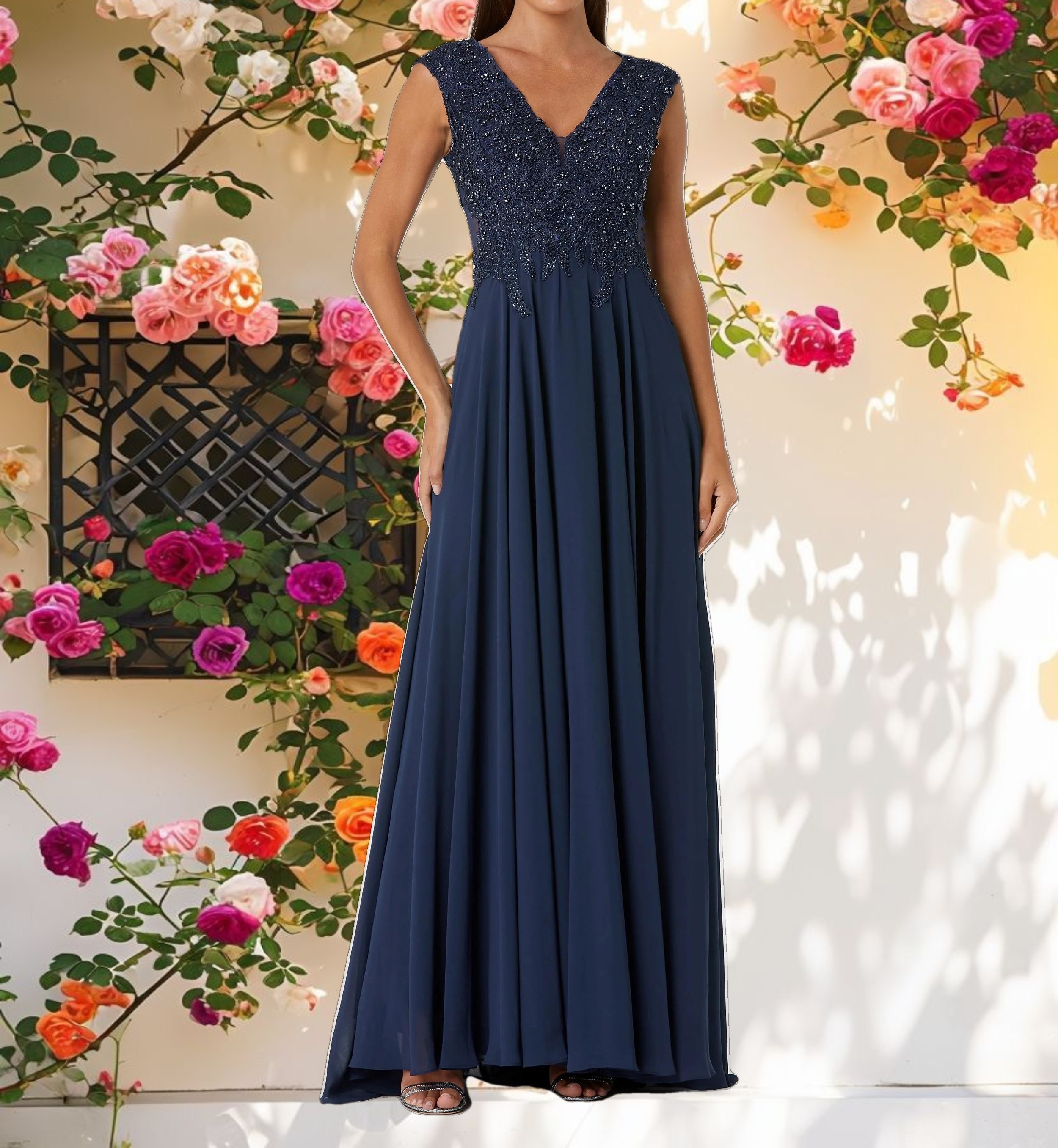 Navy Applique Cap Sleeve Bodice Flowy Gown