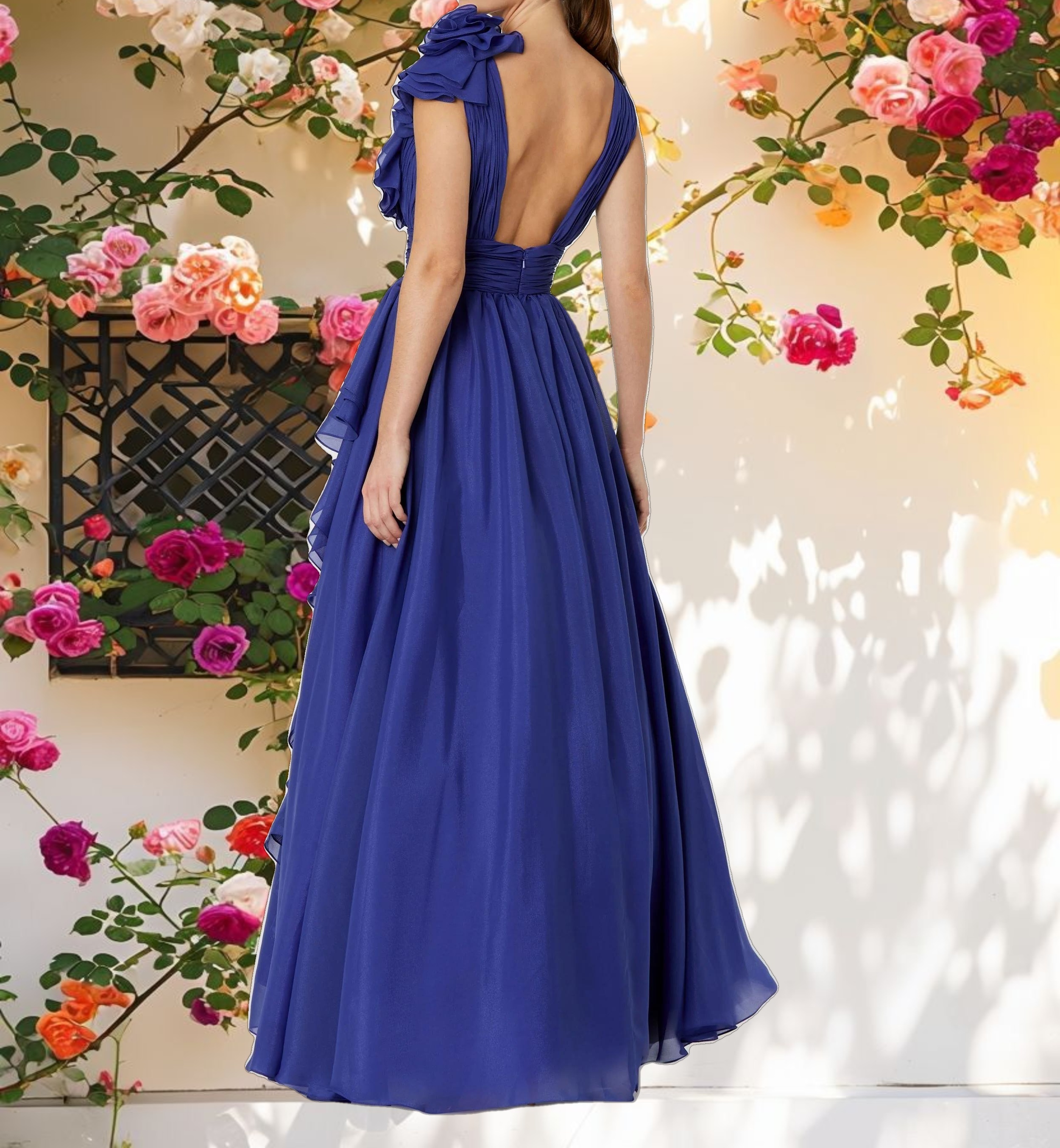 Dark Blue Ruffle Shoulder V-Neck Chiffon Gown