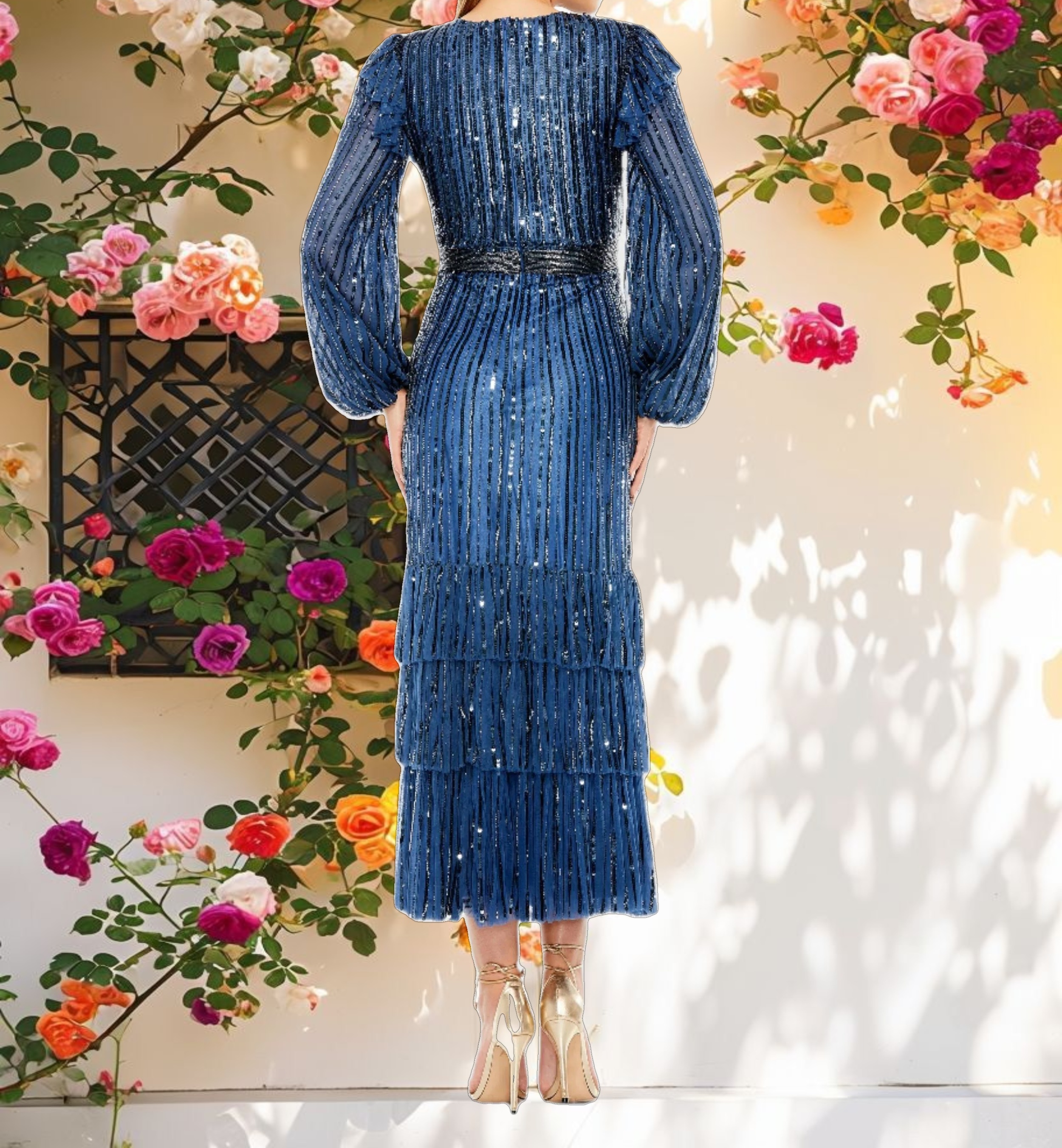 Blue Long Sleeve Ruffle Detail Sequin Dress