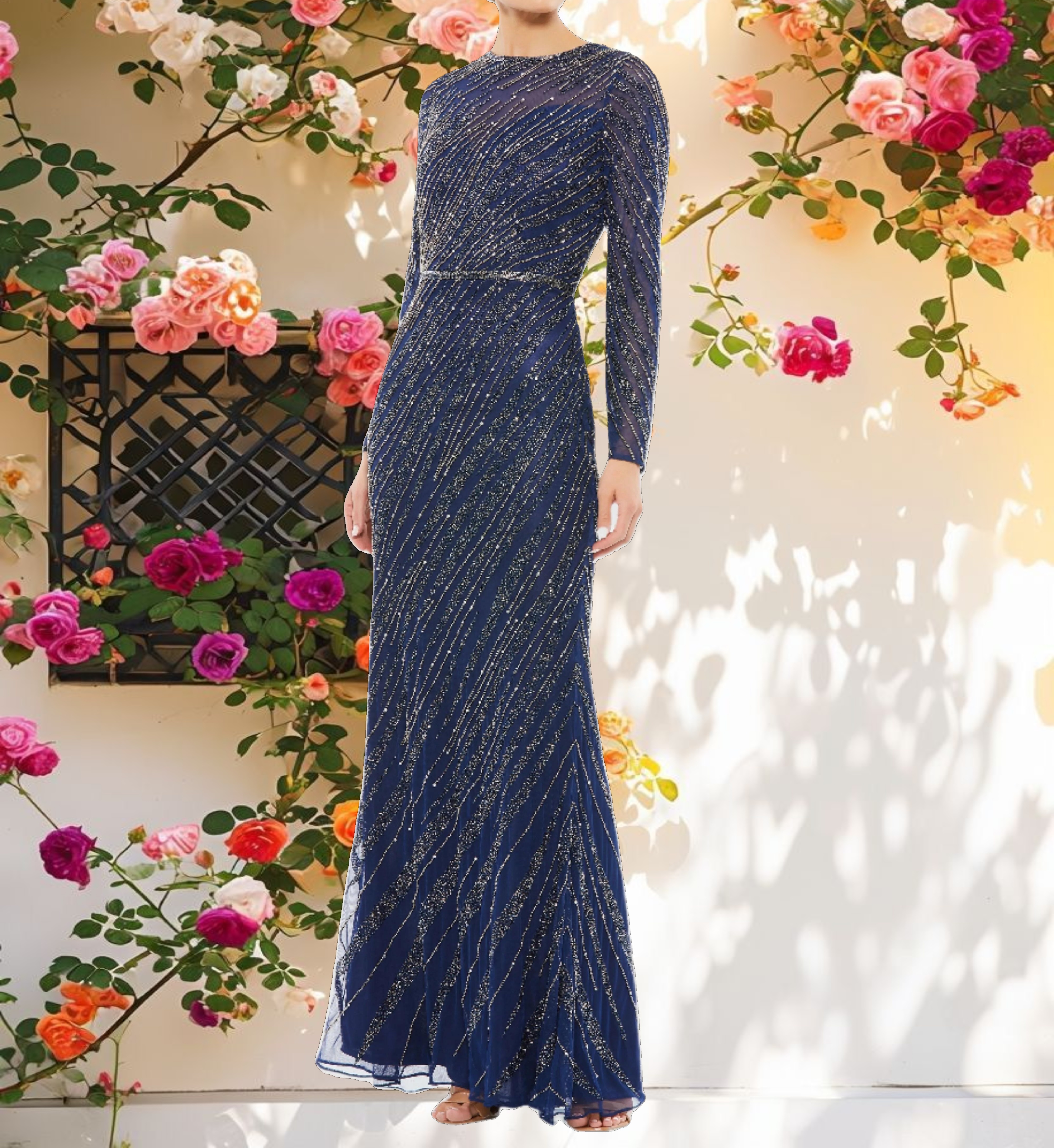 Long Sleeve Beaded Column Gown