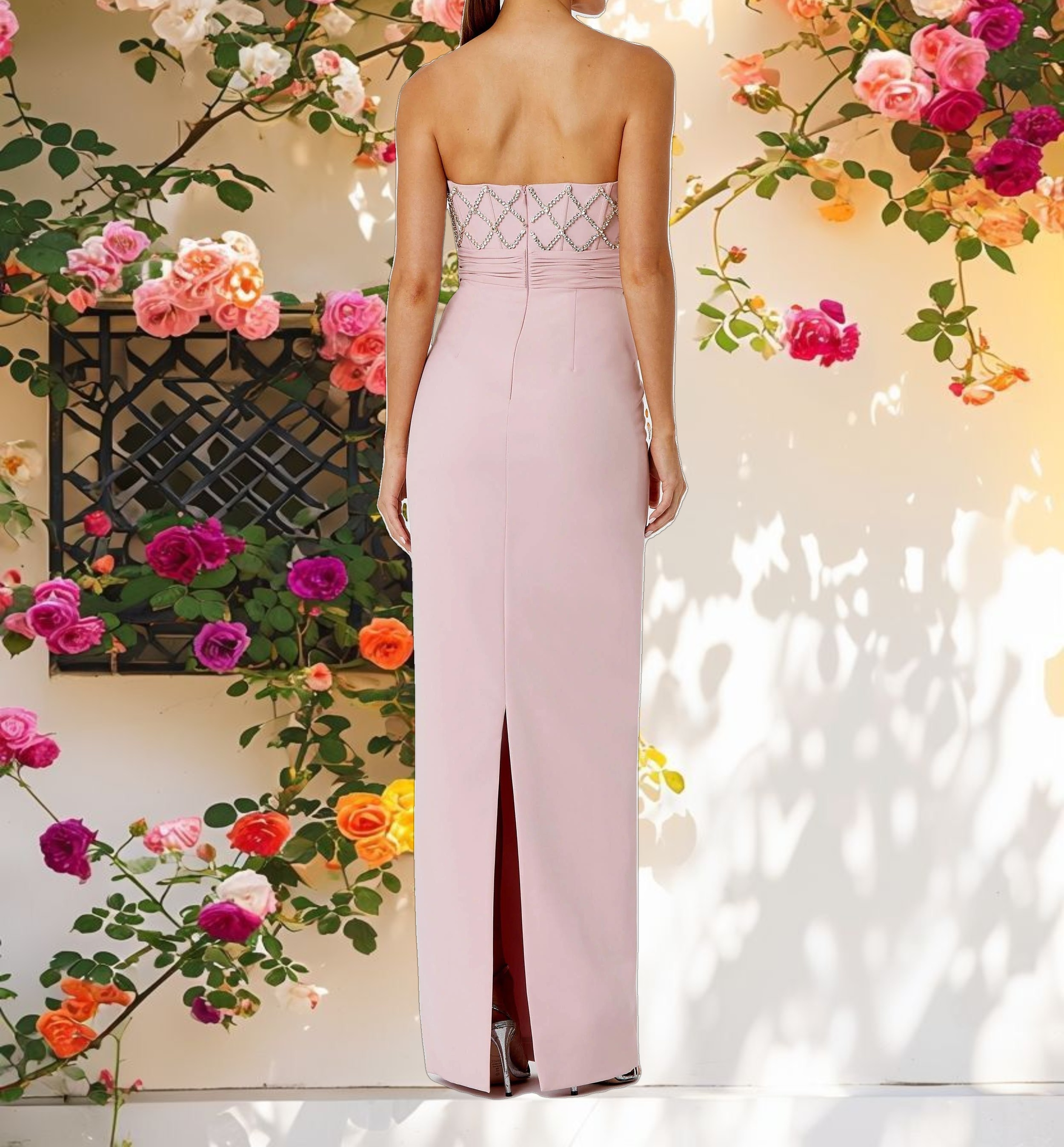 Pink Embellished Strapless Bustier With Bow Crepe Gown