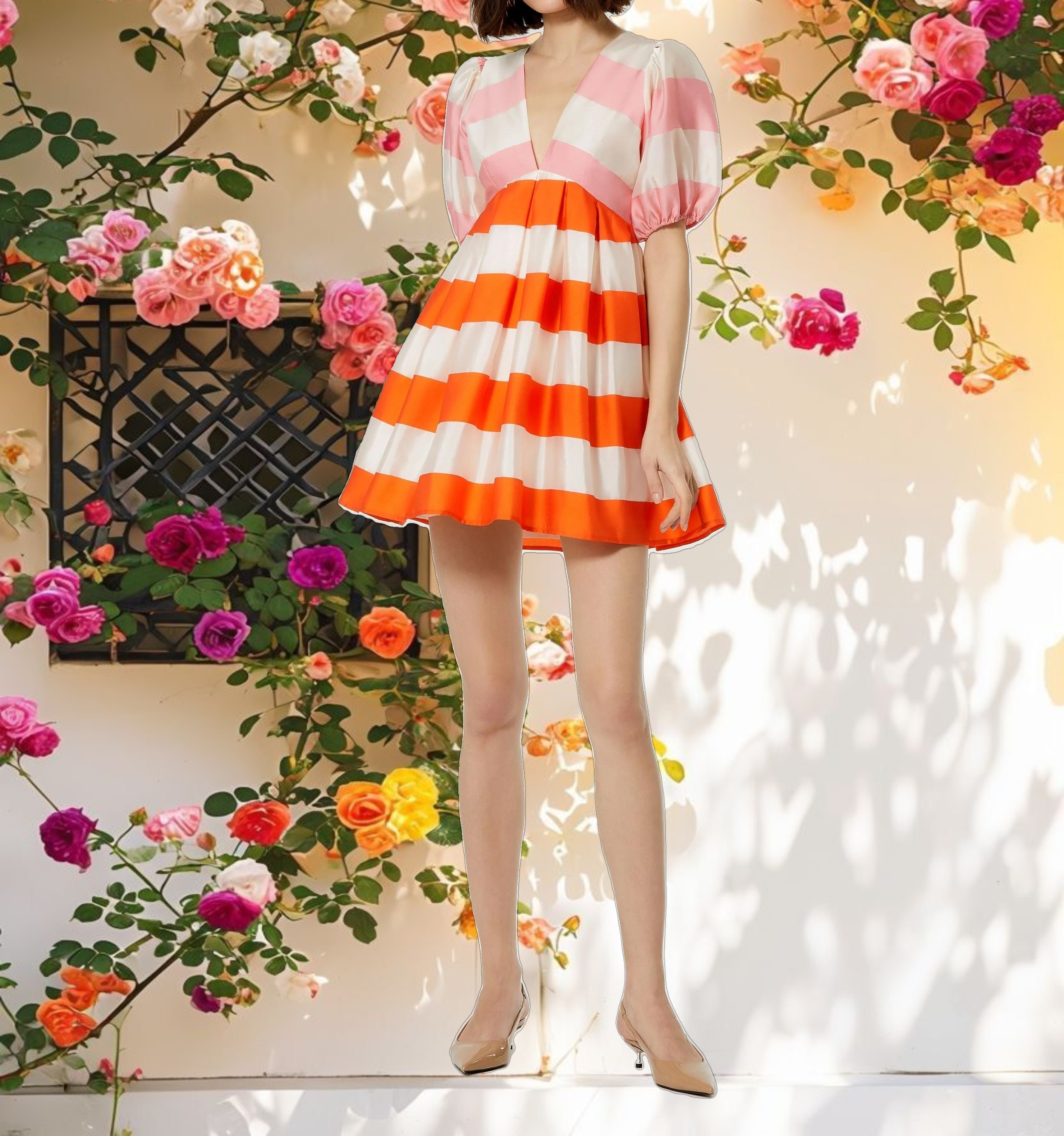 Silk Striped Balloon Sleeve Mini Dress