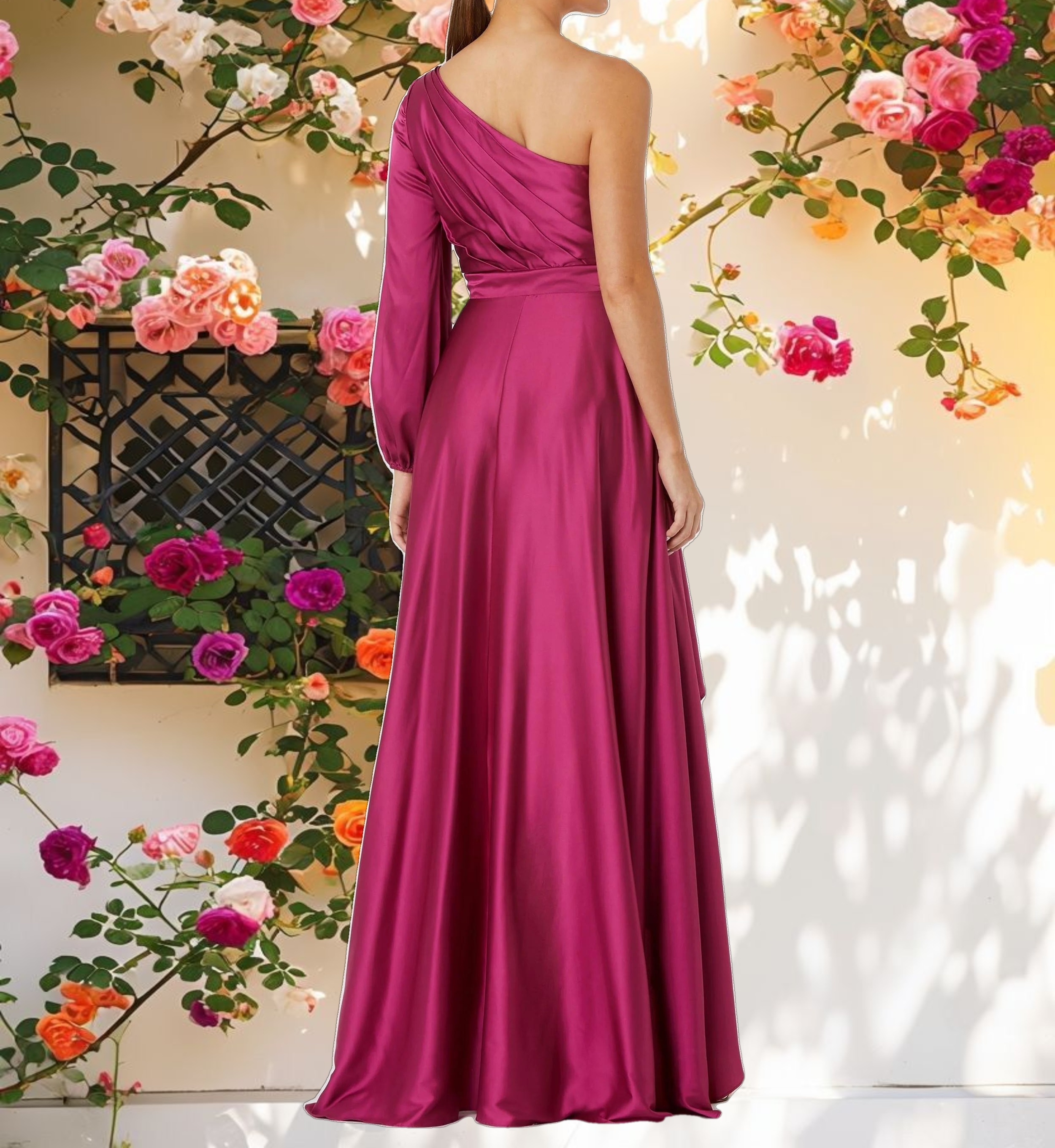 Purple Long Sleeve One Shoulder Satin High Low A line Gown
