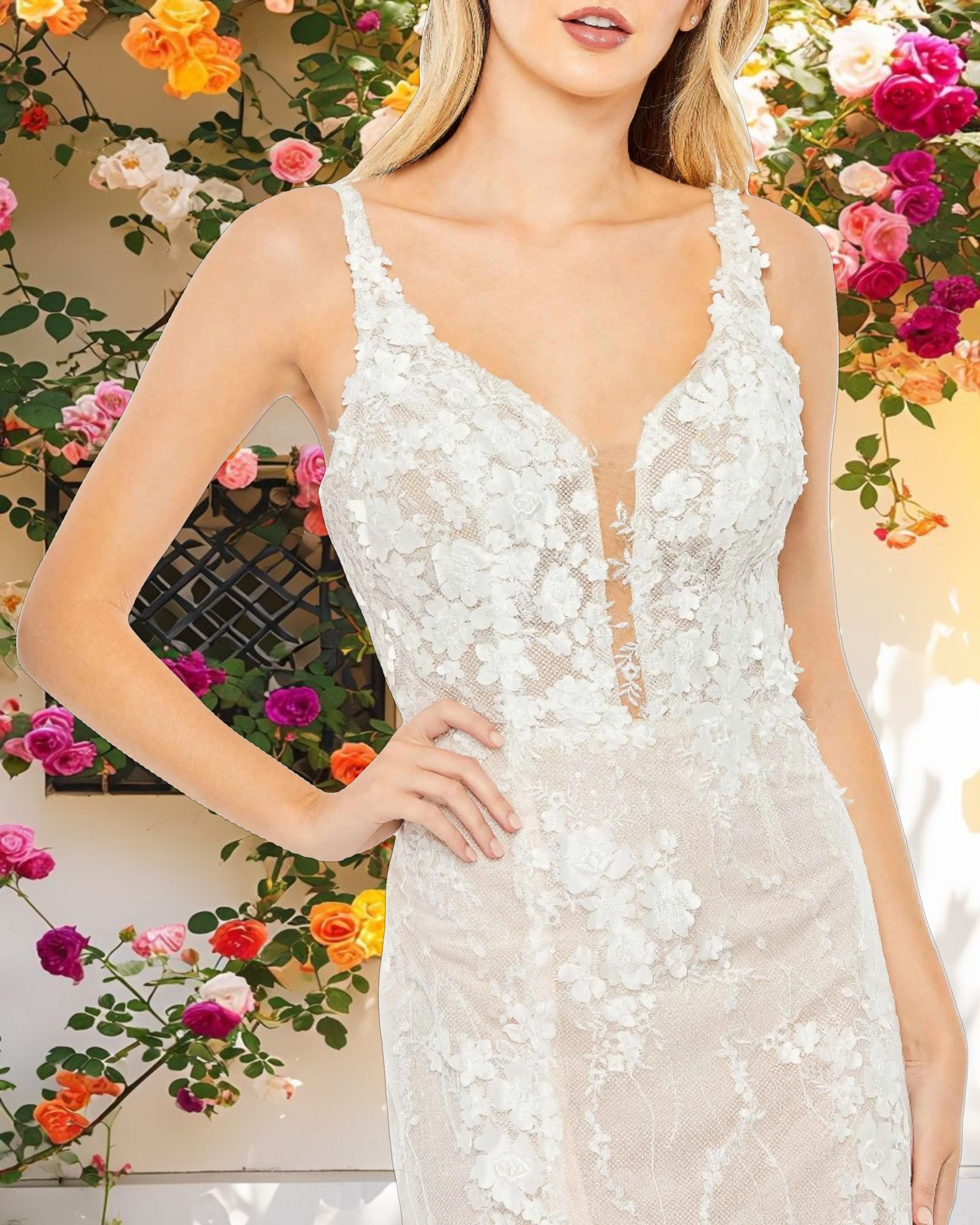 Glitter Floral Applique Sleeveless Mermaid Gown