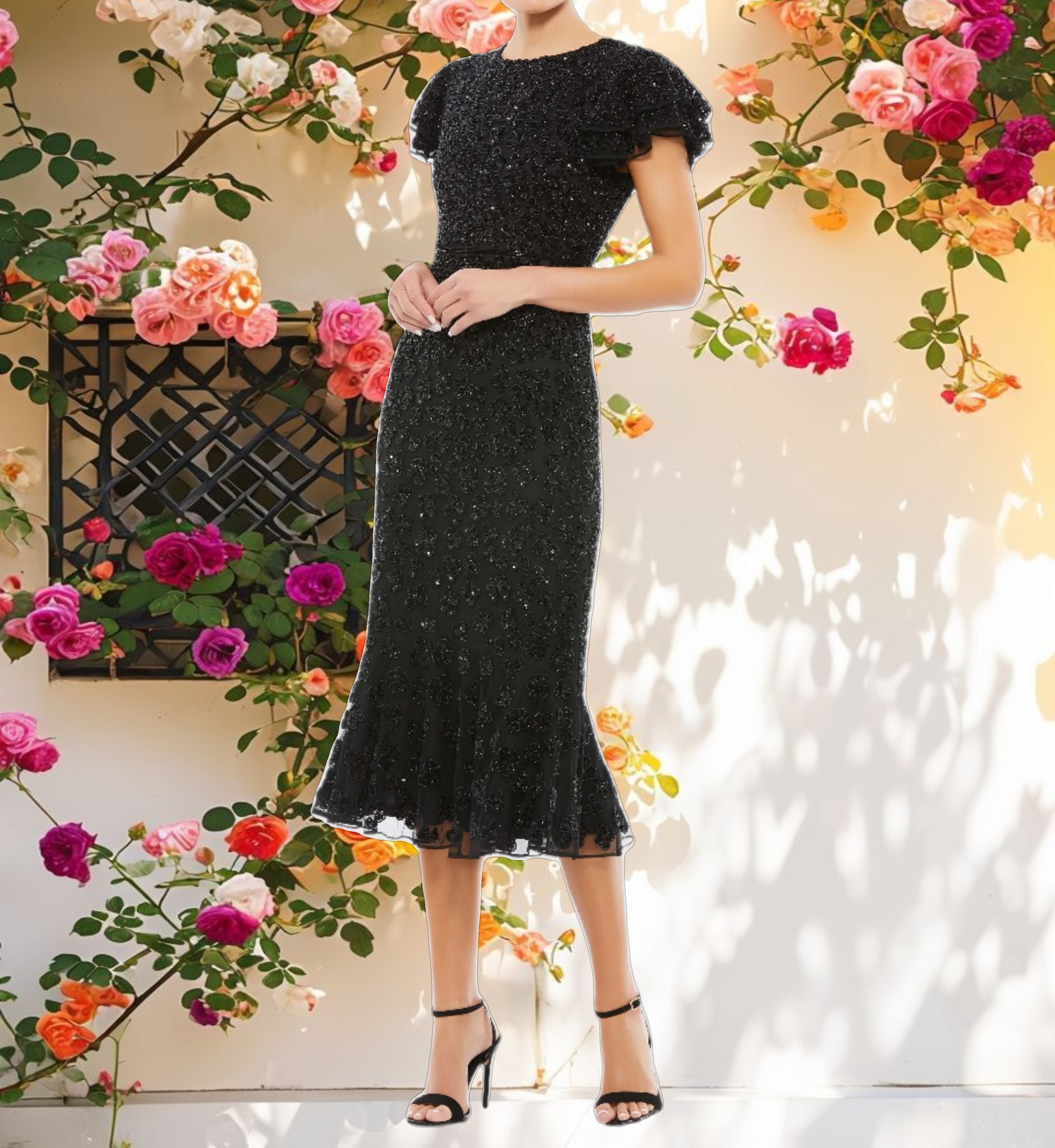 Hand Beaded Flounce Sleeve Midi Dress