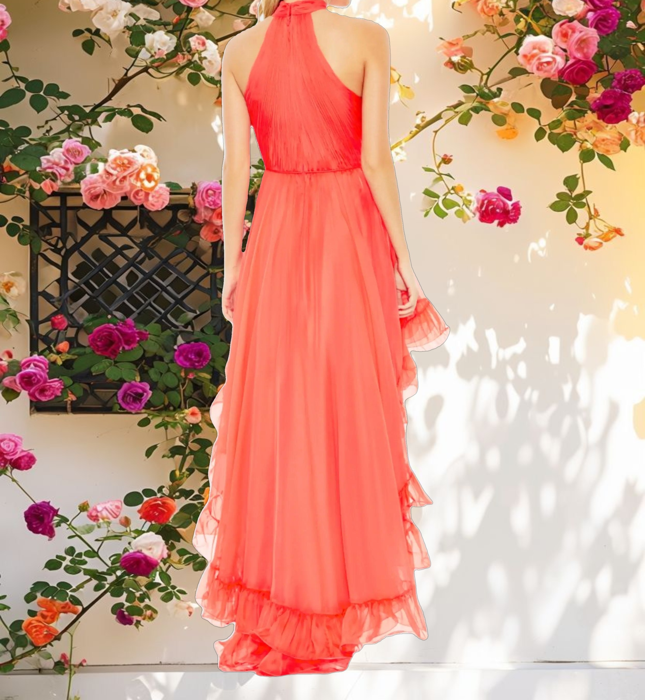 Pink Ruffle Tiered High Low Pleated Halter Neck Gown