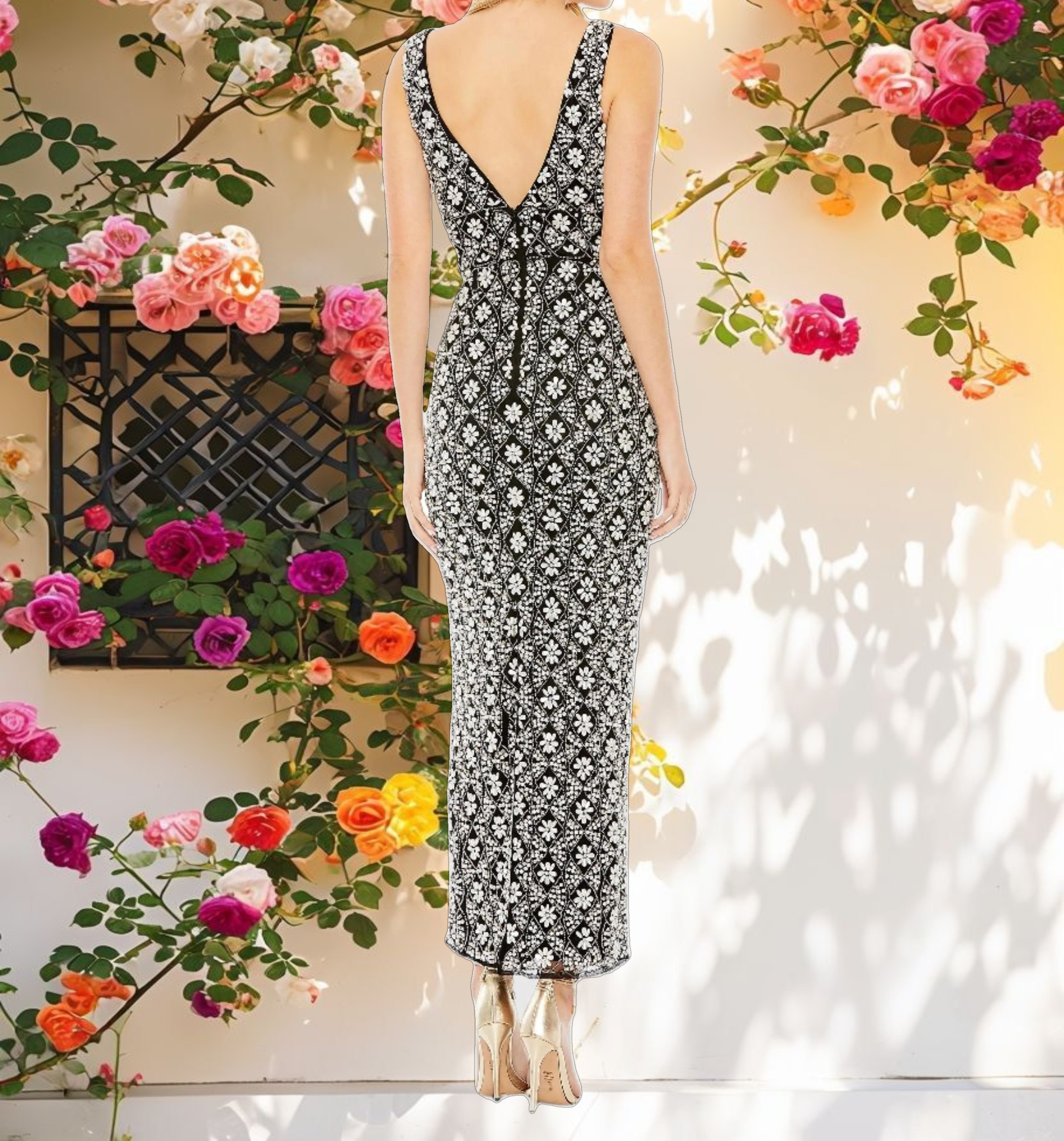 Black Fully Beaded Sleeveless Column Dress