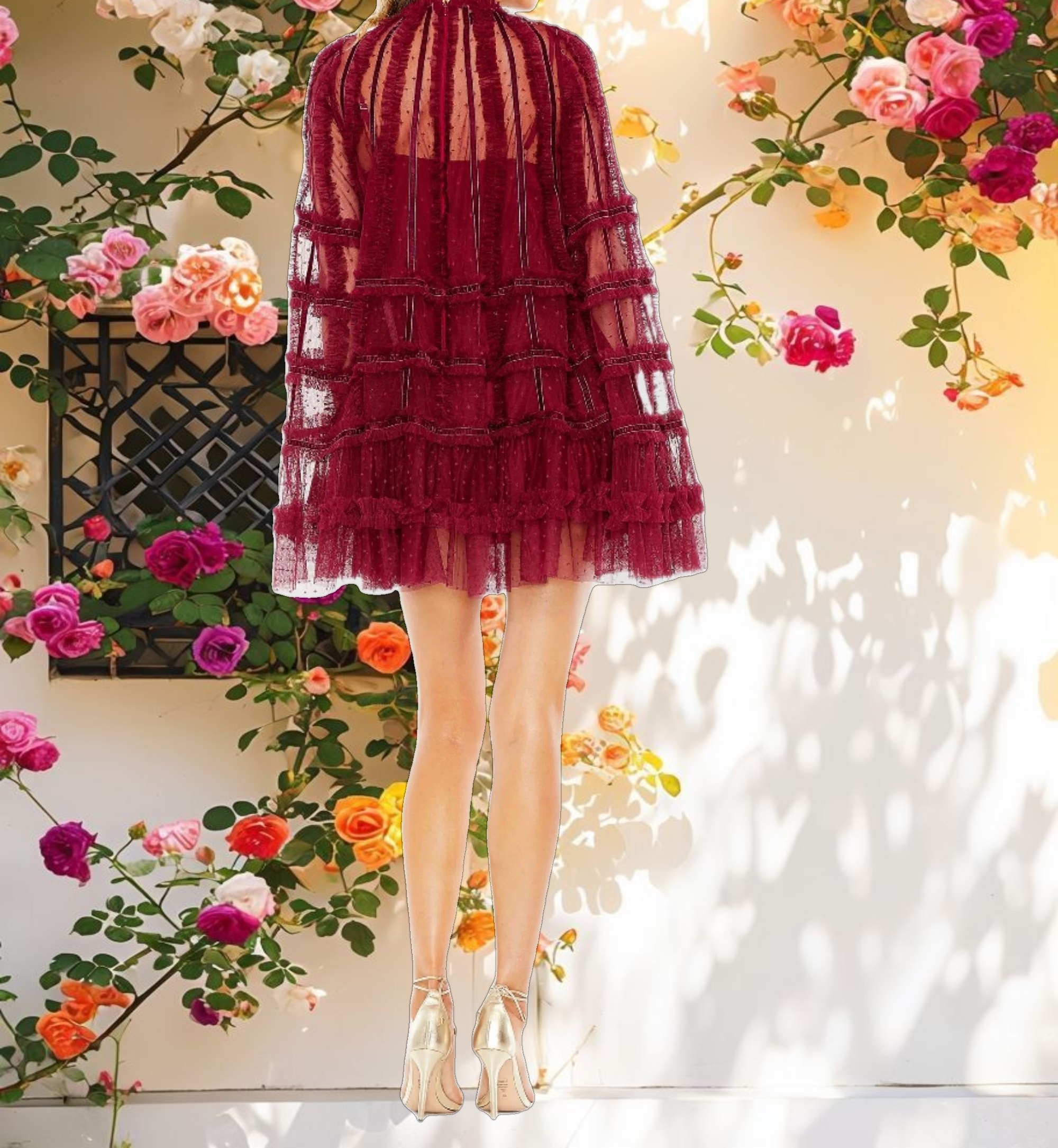 Red High Neck Ruffle Bell Sleeve Trapeze Dress