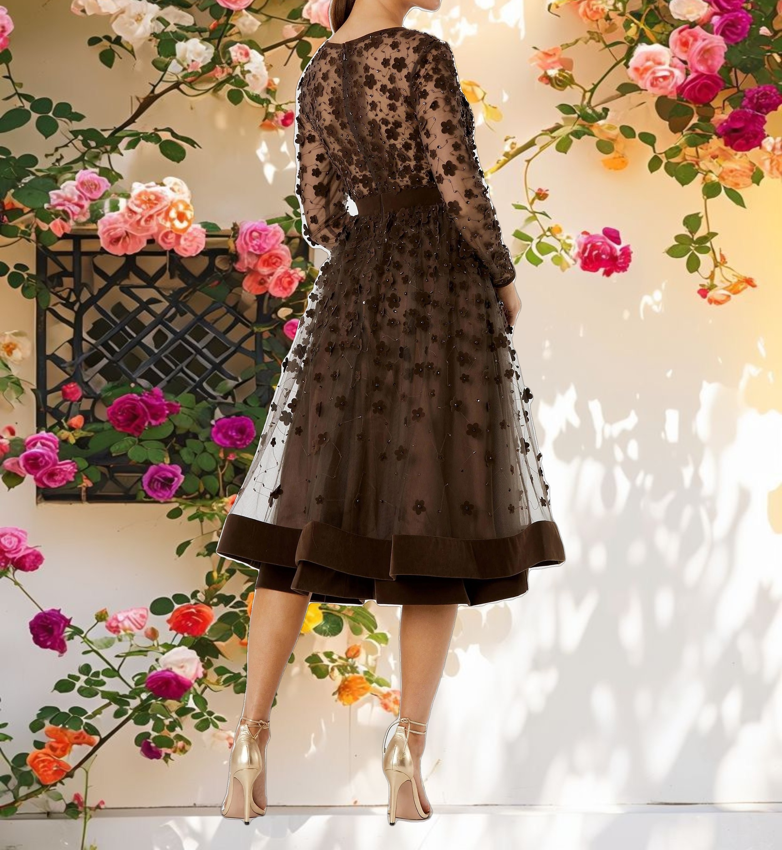 Brown Embellished Illusion High Neck Long Sleeve Fit & Flare Dress