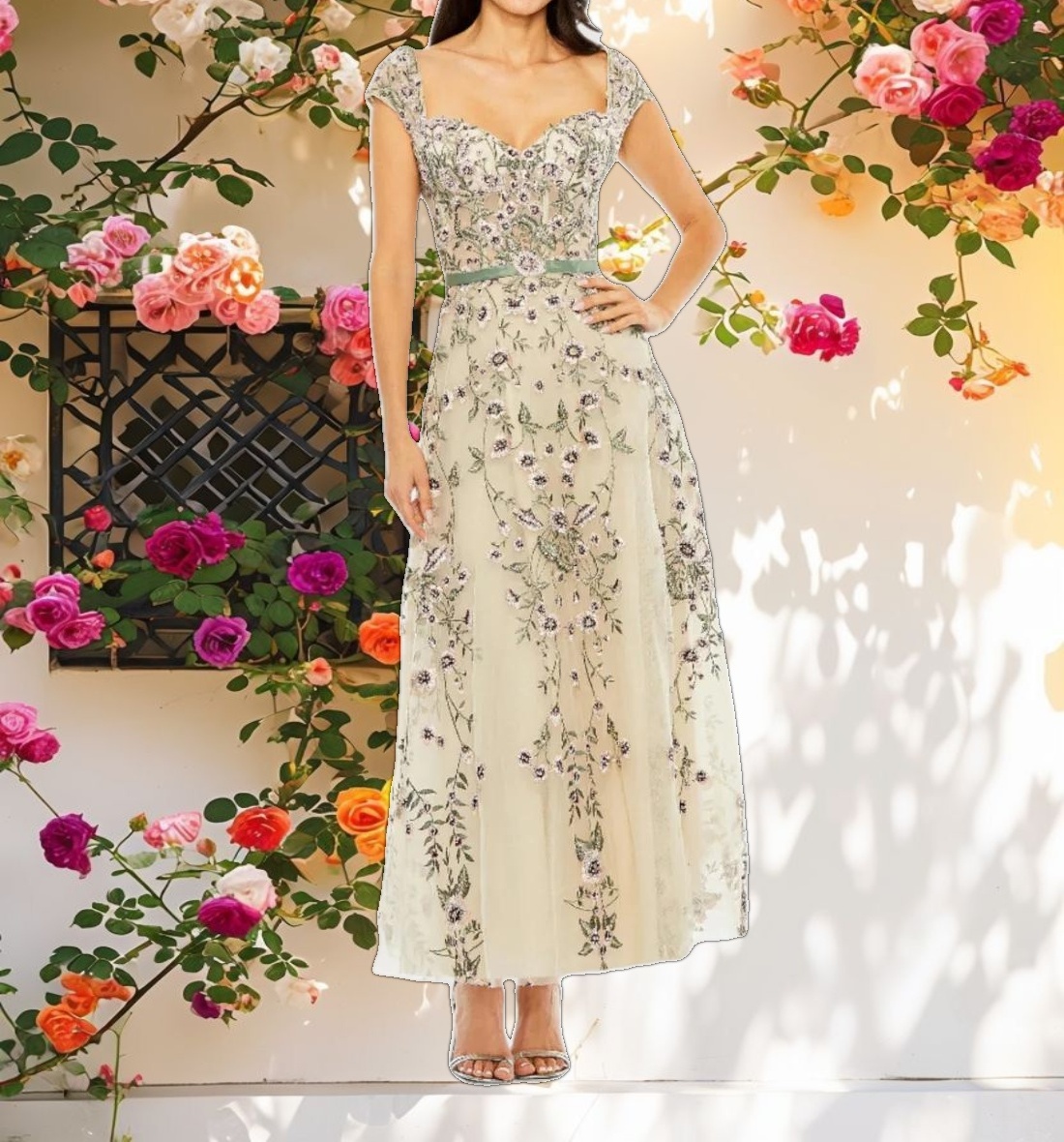 Floral Embroidered Sweetheart Midi Dress