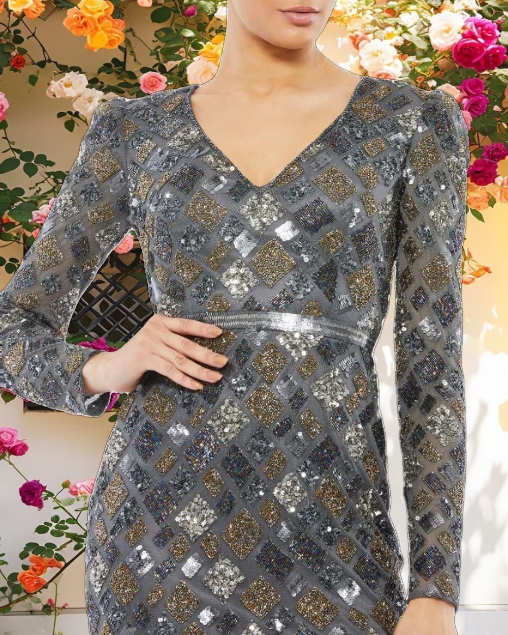 Gray Long Sleeve Geometric Sequin Midi Dress